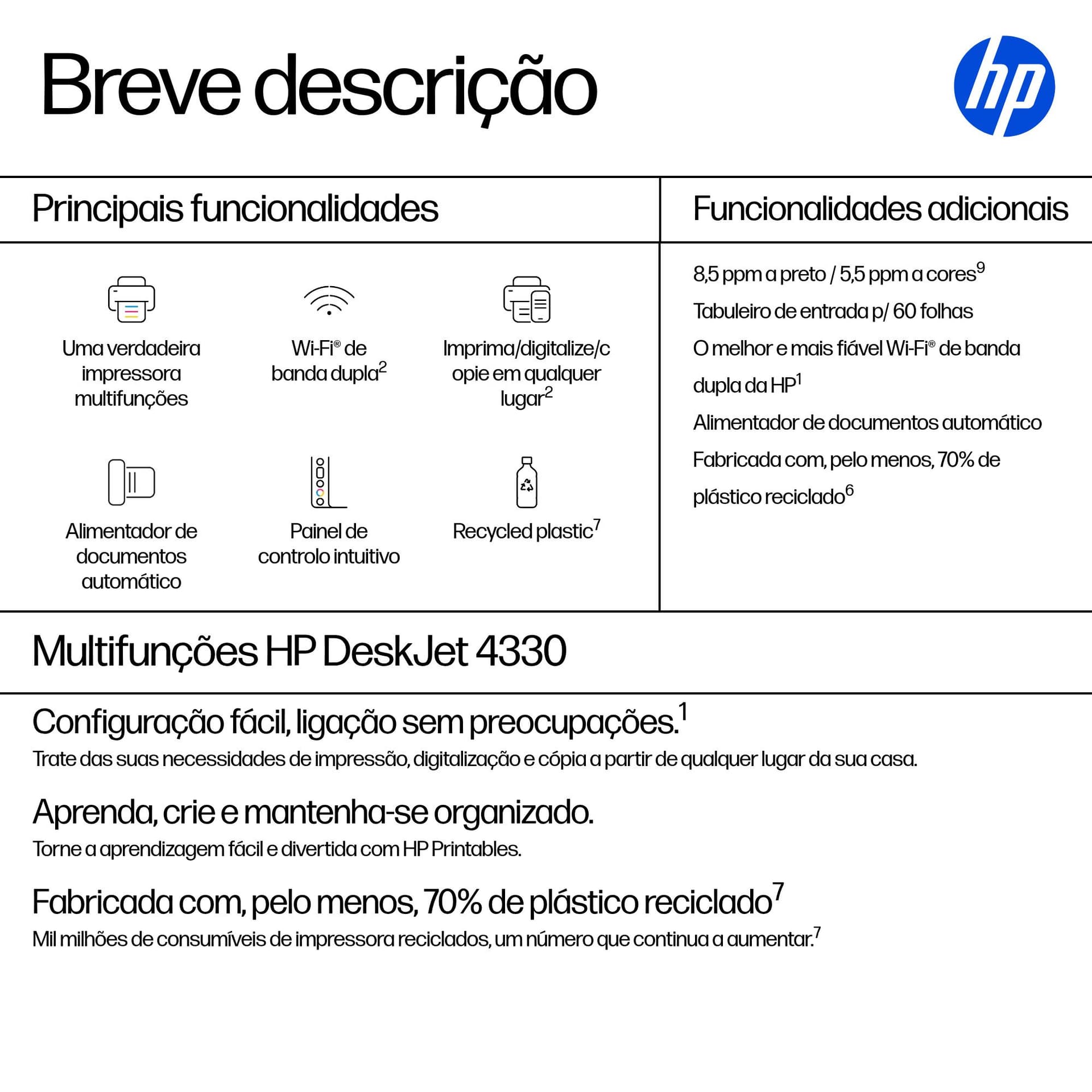 HP DeskJet 4330 Sem fios All-in-One Cor Impressora, Instant Ink., miniatura 3
