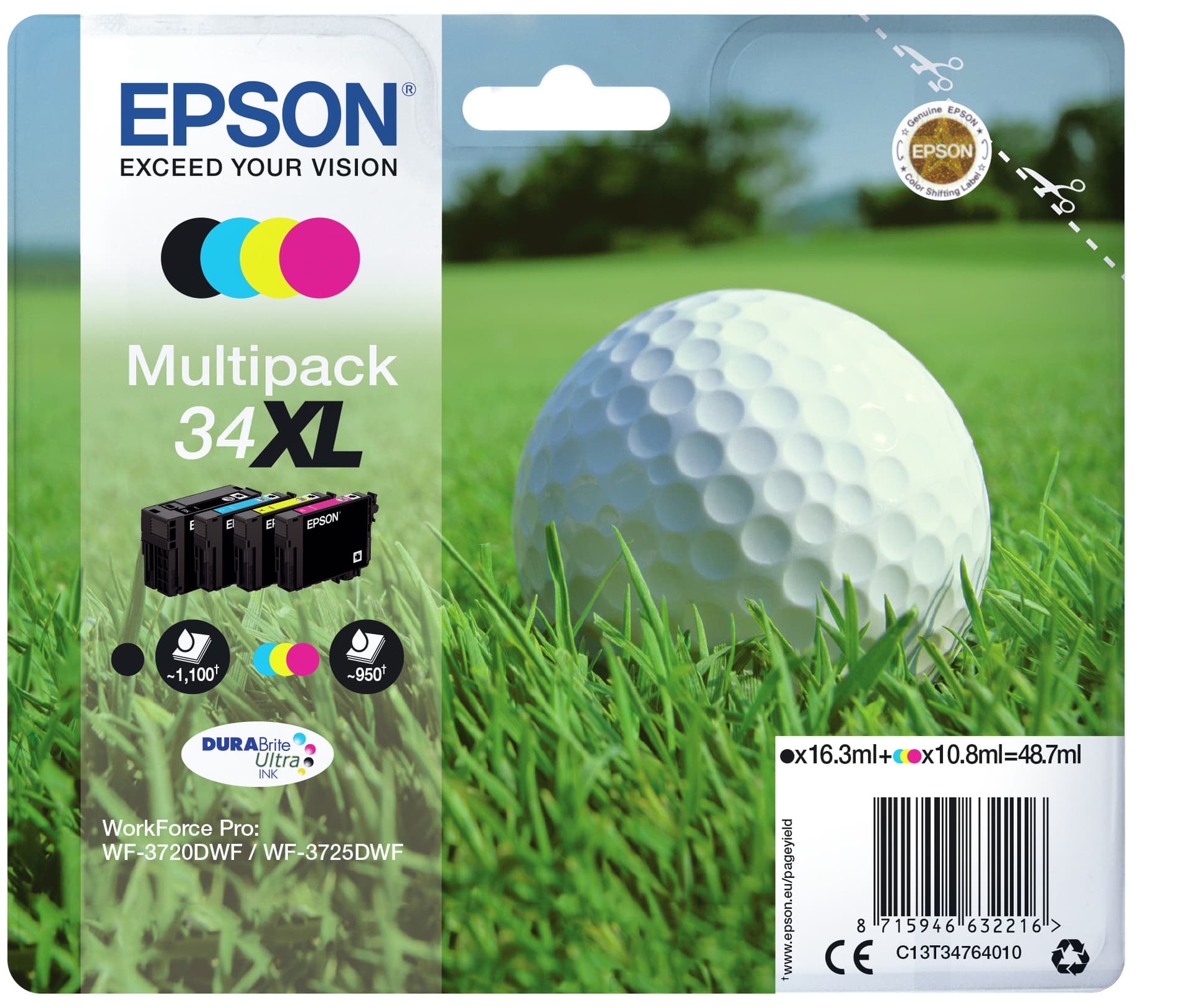 Epson Golf ball 34XL Tinta multipack de 4 cores DURABrite Ultra Bola de golfe, miniatura 2
