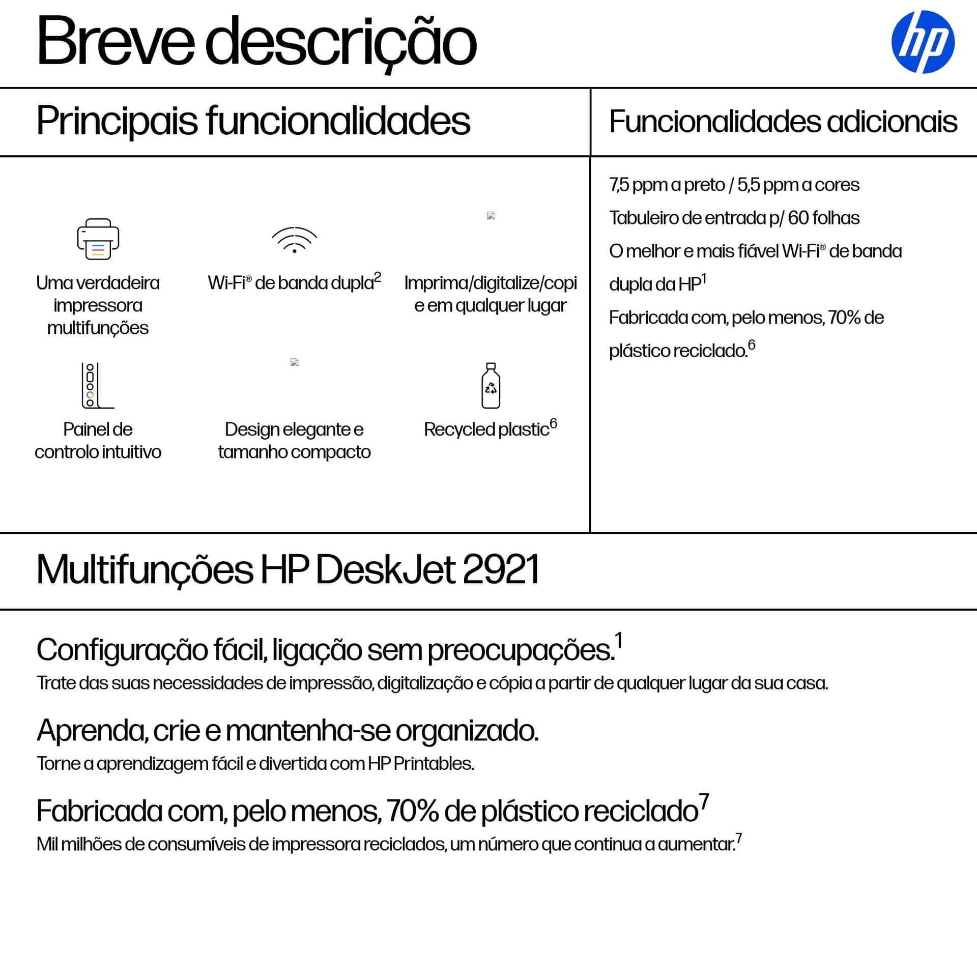 HP DeskJet 2921 Sem fios All-in-One Cor Impressora, Instant Ink — miniatura 3