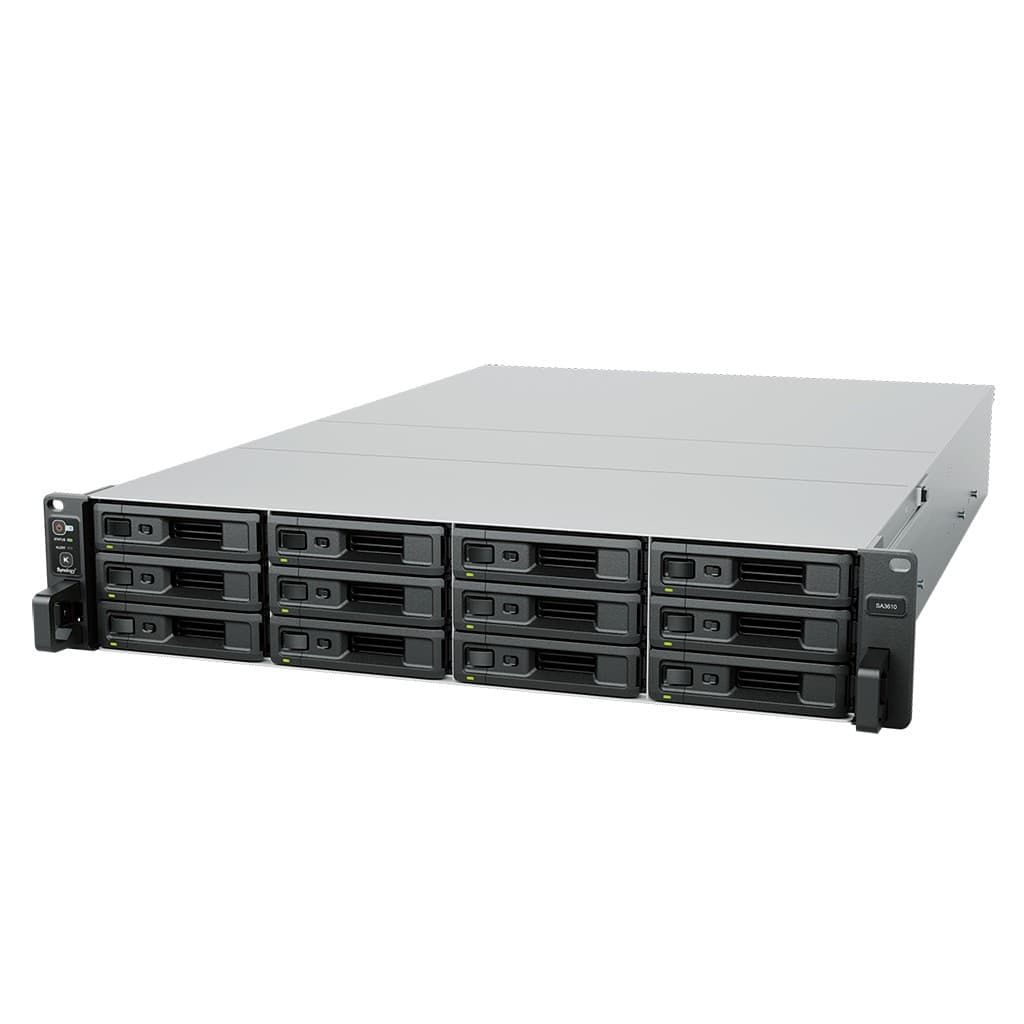 Synology SA3610 - Servidor NAS - 12 baias - montável em bastidor - SATA 6Gb/s / SAS - RAID (expansão de disco rígido) RAID F1, JBOD, 0, 1, 5, 6, 10 - RAM 16 GB - Gigabit Ethernet / 10 Gigabit Ethernet - iSCSI assistência - 2U — miniatura 3