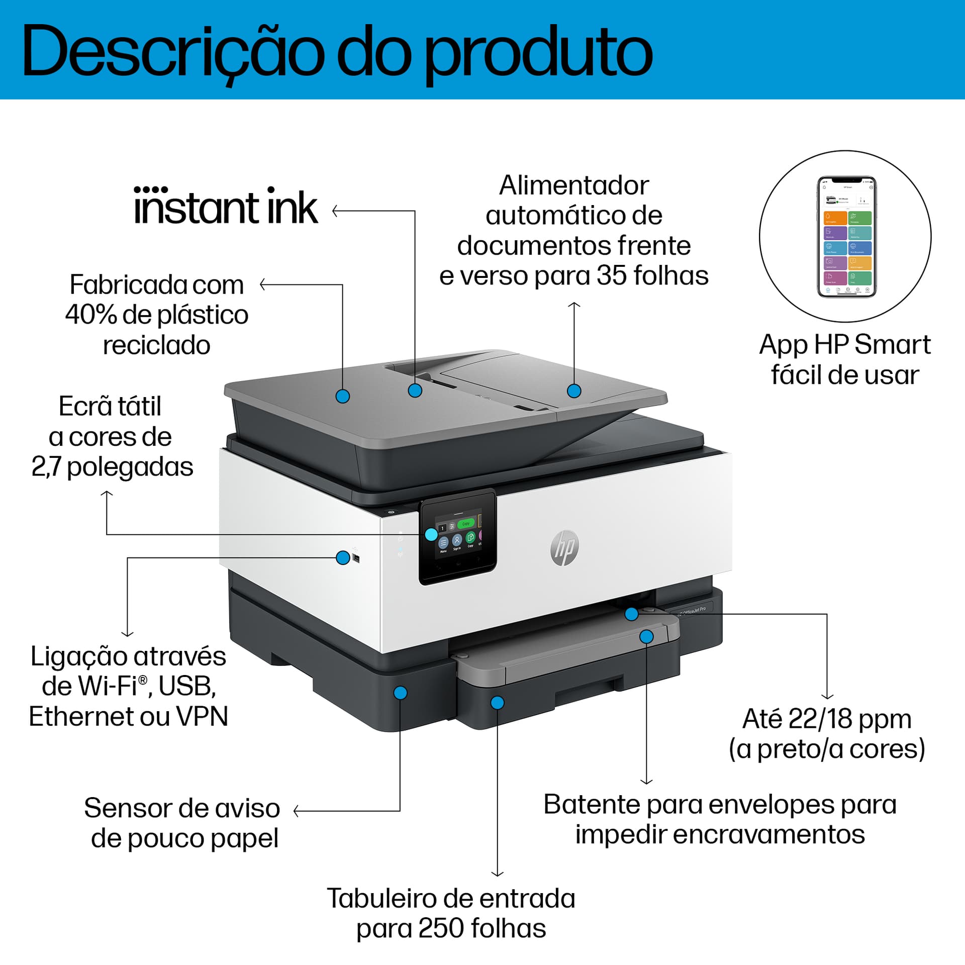 HP OfficeJet Pro 9122e Sem fios All-in-One Cor Impressora, Instant Ink; Impressão frente e verso — miniatura 4