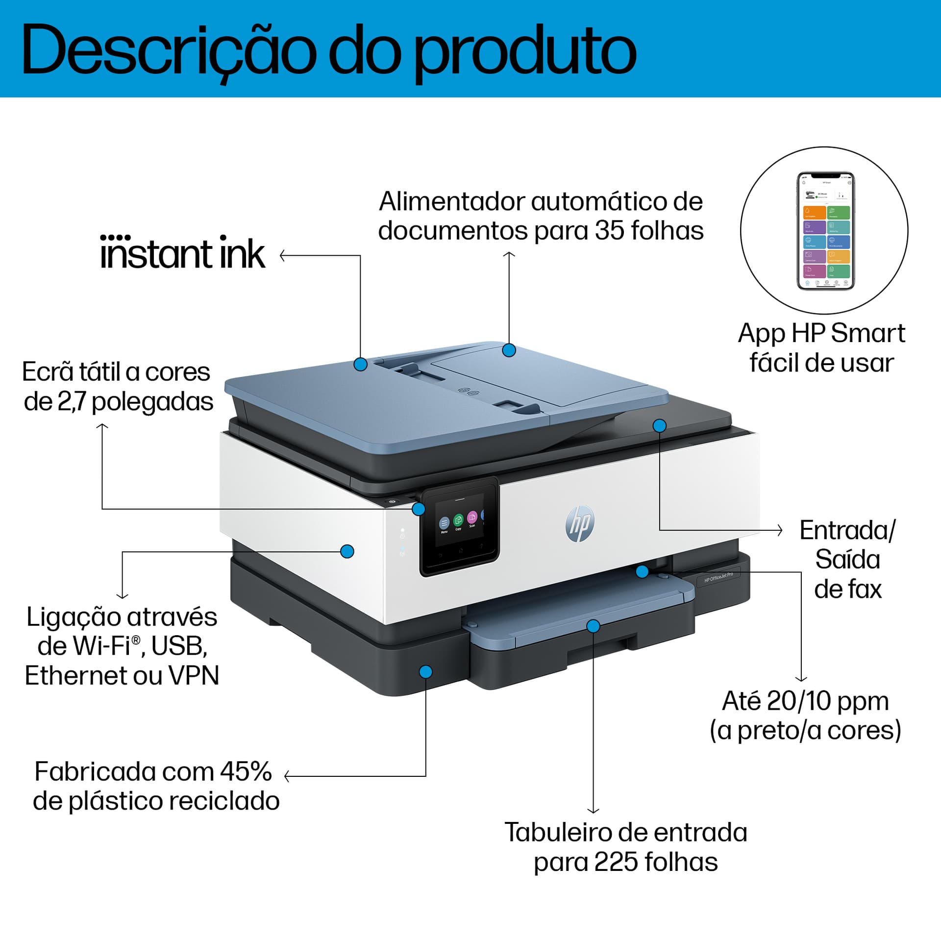 HP OfficeJet Pro 8135e Sem fios All-in-One Cor Impressora, Instant Ink; Impressão frente e verso — miniatura 3