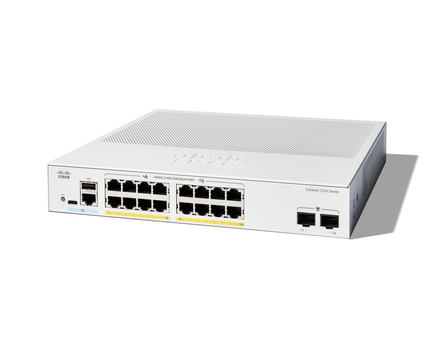Cisco Catalyst 1200-16P-2G - Interruptor - L3 - inteligente - 16 x 10/100/1000 (PoE+) + 2 x Gigabit Ethernet SFP - montável em trilho - PoE+ (120 W) — miniatura 1