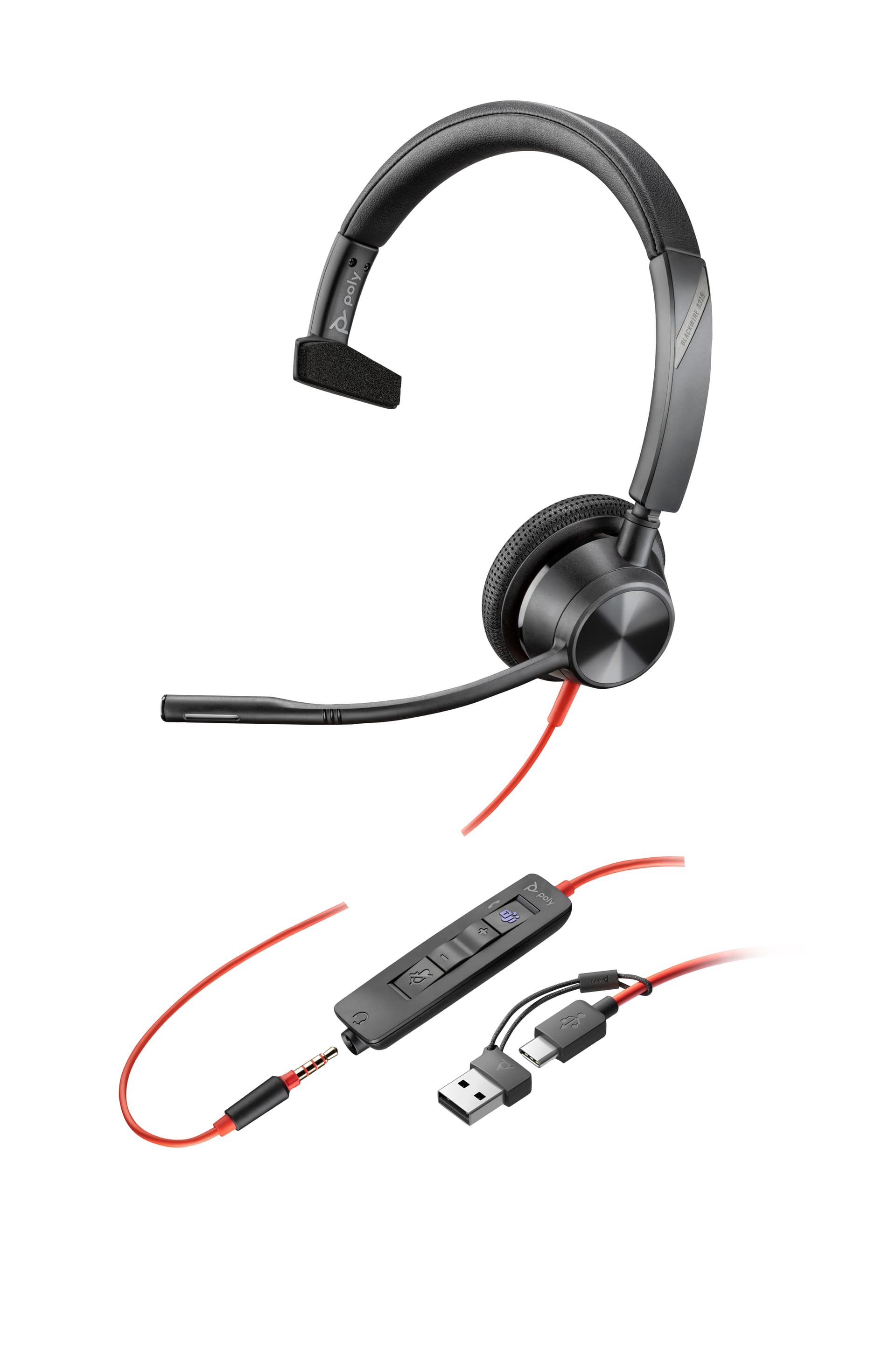 HP Poly Headset Monoaural Poly Blackwire 3315 com USB-C certificado para Microsoft Teams + Conector de 3,5 mm + Adaptador USB-C/A — miniatura 4