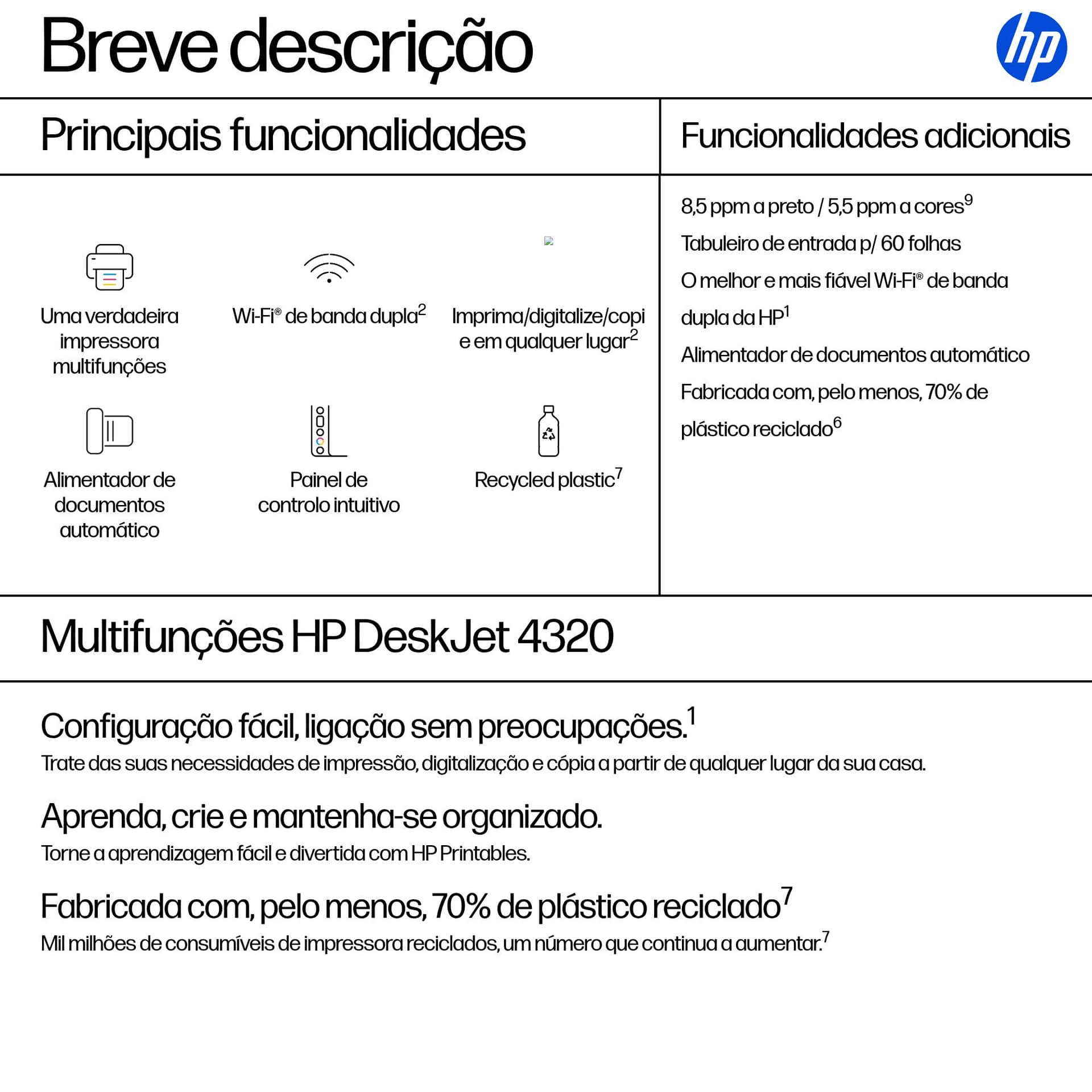HP DeskJet 4320 Sem fios All-in-One Cor Impressora, Instant Ink. — miniatura 3