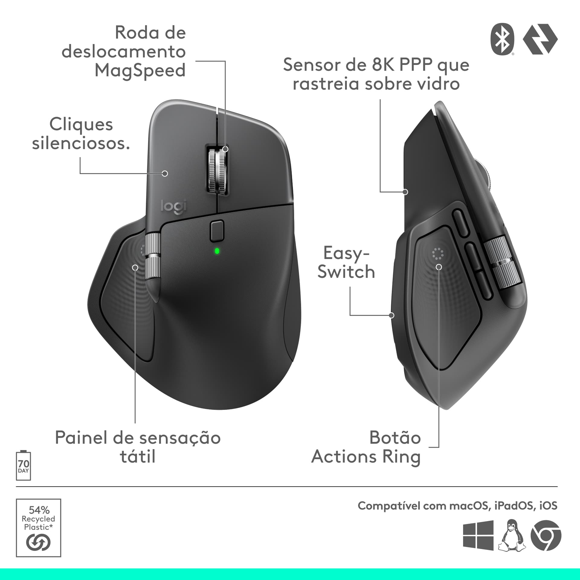 Logitech MX Master 4, rato ergonómico sem fios com feedback tátil de desempenho avançado, deslocamento ultrarrápido, carregamento por USB-C , Bluetooth, Windows, MacOS - cinzento claro — miniatura 27