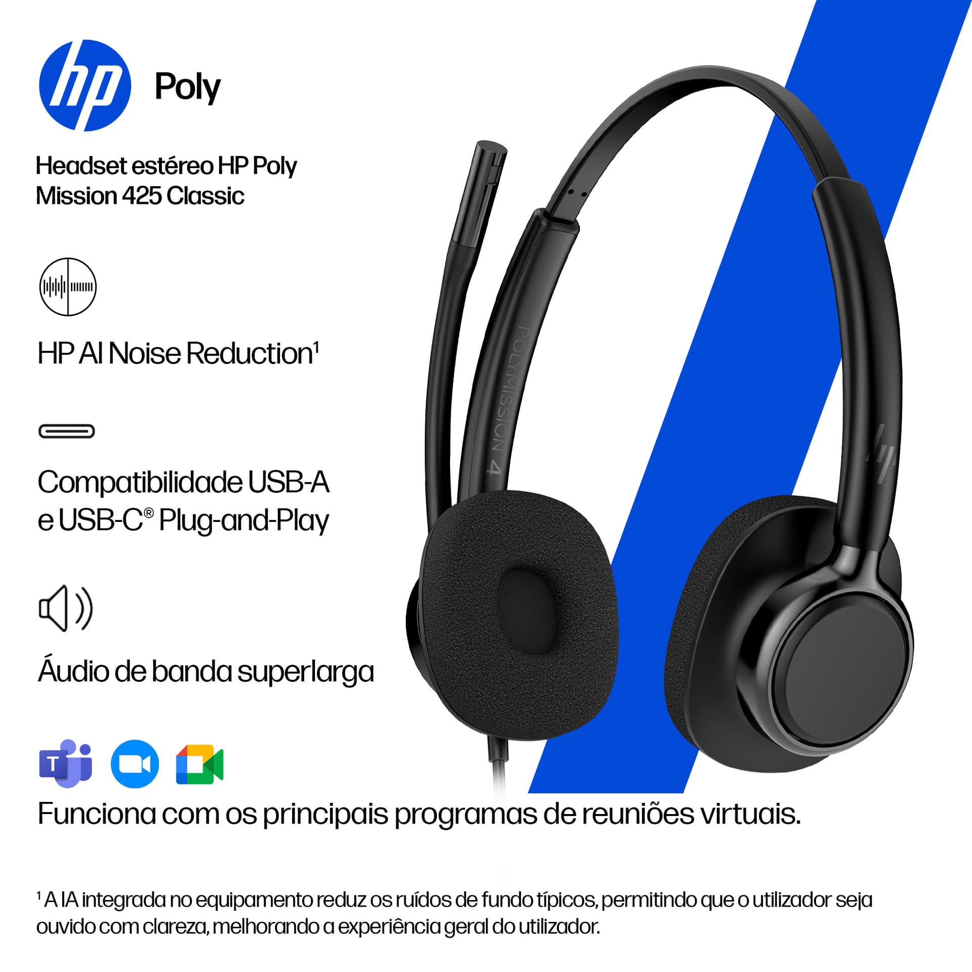 HP Poly Headset estéreo USB com fios Mission 425 Classic — miniatura 6