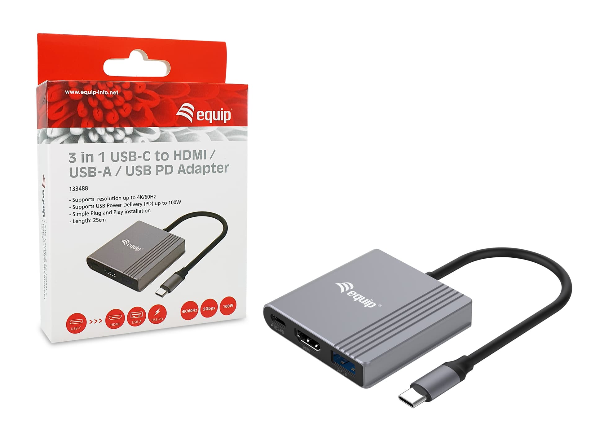 Equip Adaptador 3 em 1 USB-C para HDMI / USB-A / USB PD, 4K/60Hz, 100W USB PD — miniatura 7