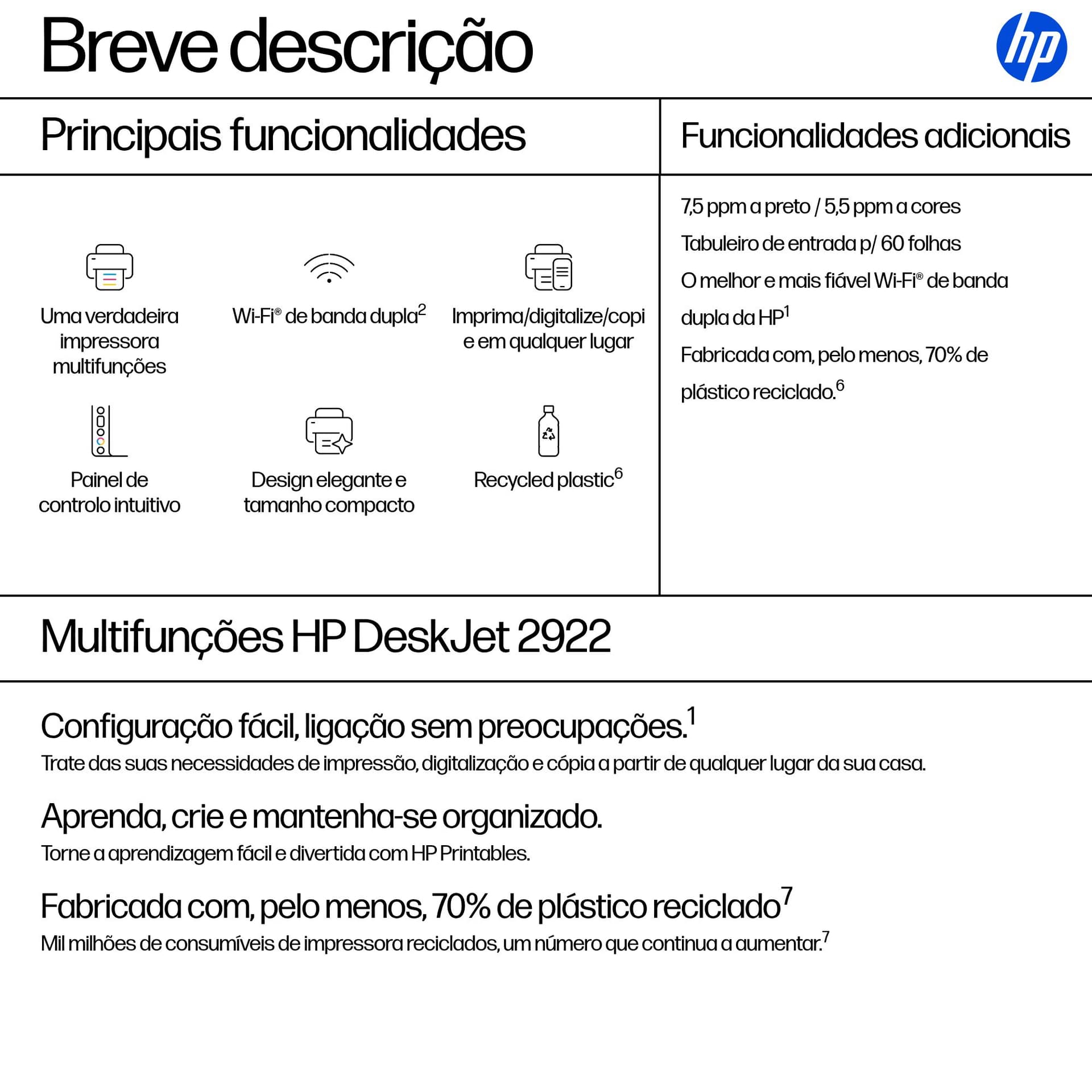 HP DeskJet 2922 Sem fios All-in-One Cor Impressora, miniatura 3