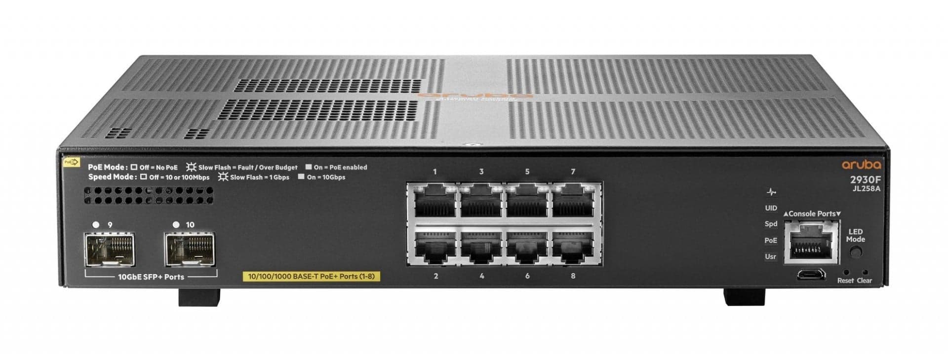 HPE Aruba 2930F 8G PoE+ 2SFP+ - Interruptor - L3 - Administrado - 8 x 10/100/1000 (PoE+) + 2 x 1 Gigabit / 10 Gigabit SFP+ (ligação ascendente) - montável em trilho - PoE+ (125 W) — miniatura 1