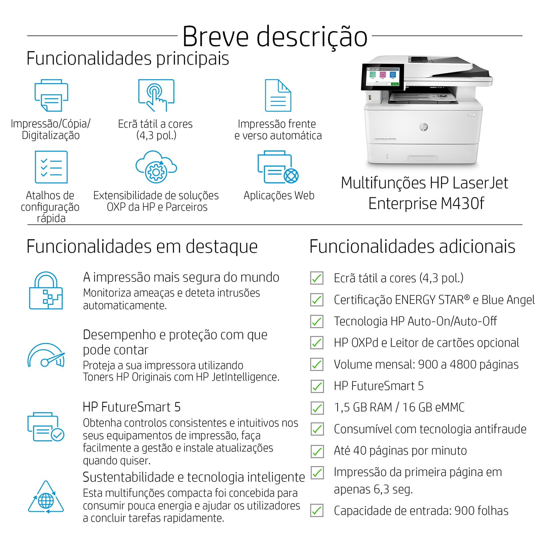 HP LaserJet Enterprise M430f Multifunction Preto e branco Impressora, Apenas Ethernet; Copiadora, Scanner — miniatura 5