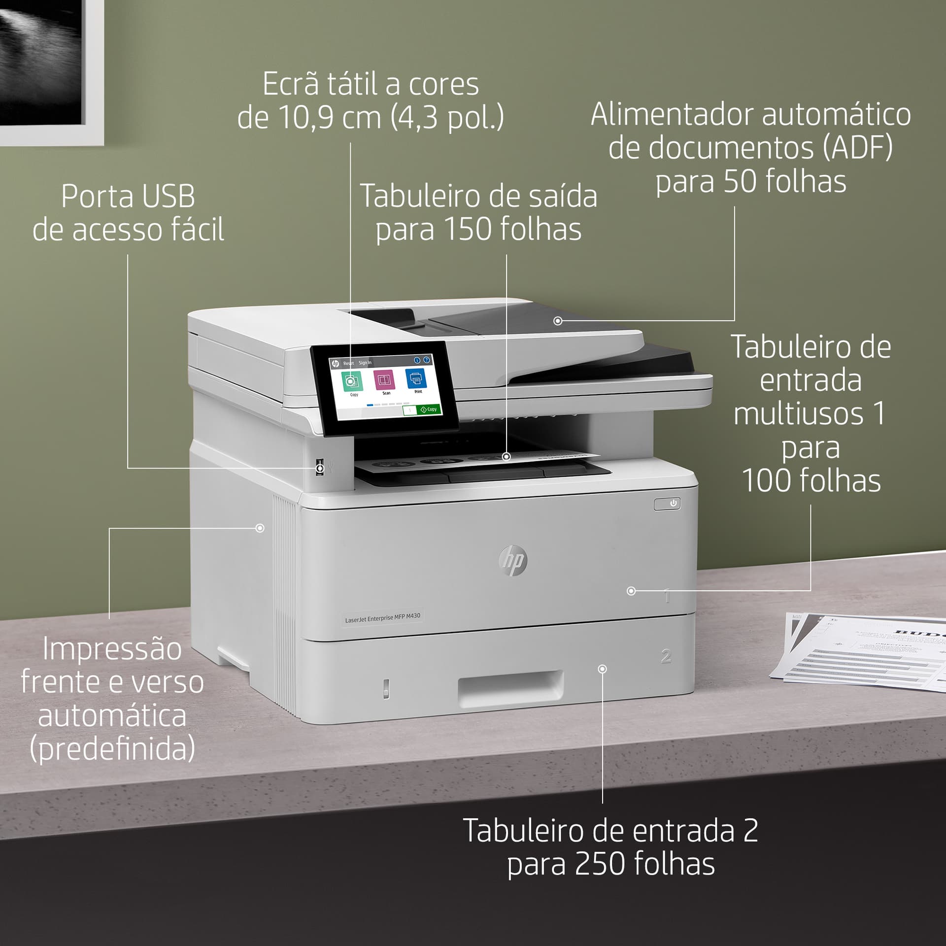 HP LaserJet Enterprise M430f Multifunction Preto e branco Impressora, Apenas Ethernet; Copiadora, Scanner — miniatura 6