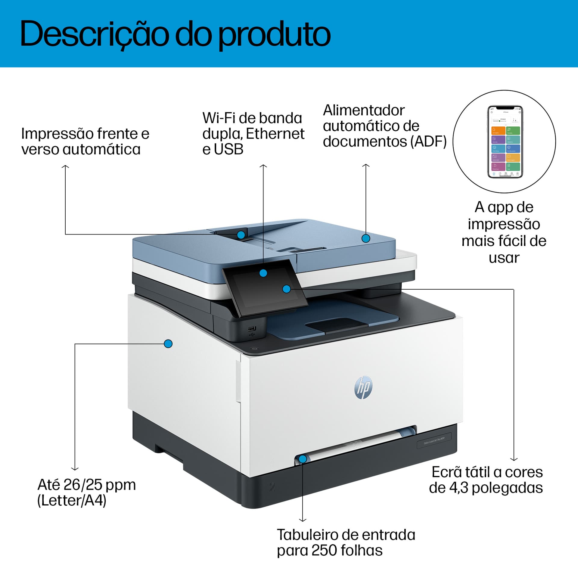 HP LaserJet Pro 3302fdw Sem fios Multifunction Cor Impressora, Copiadora, Scanner; Frente e verso — miniatura 3
