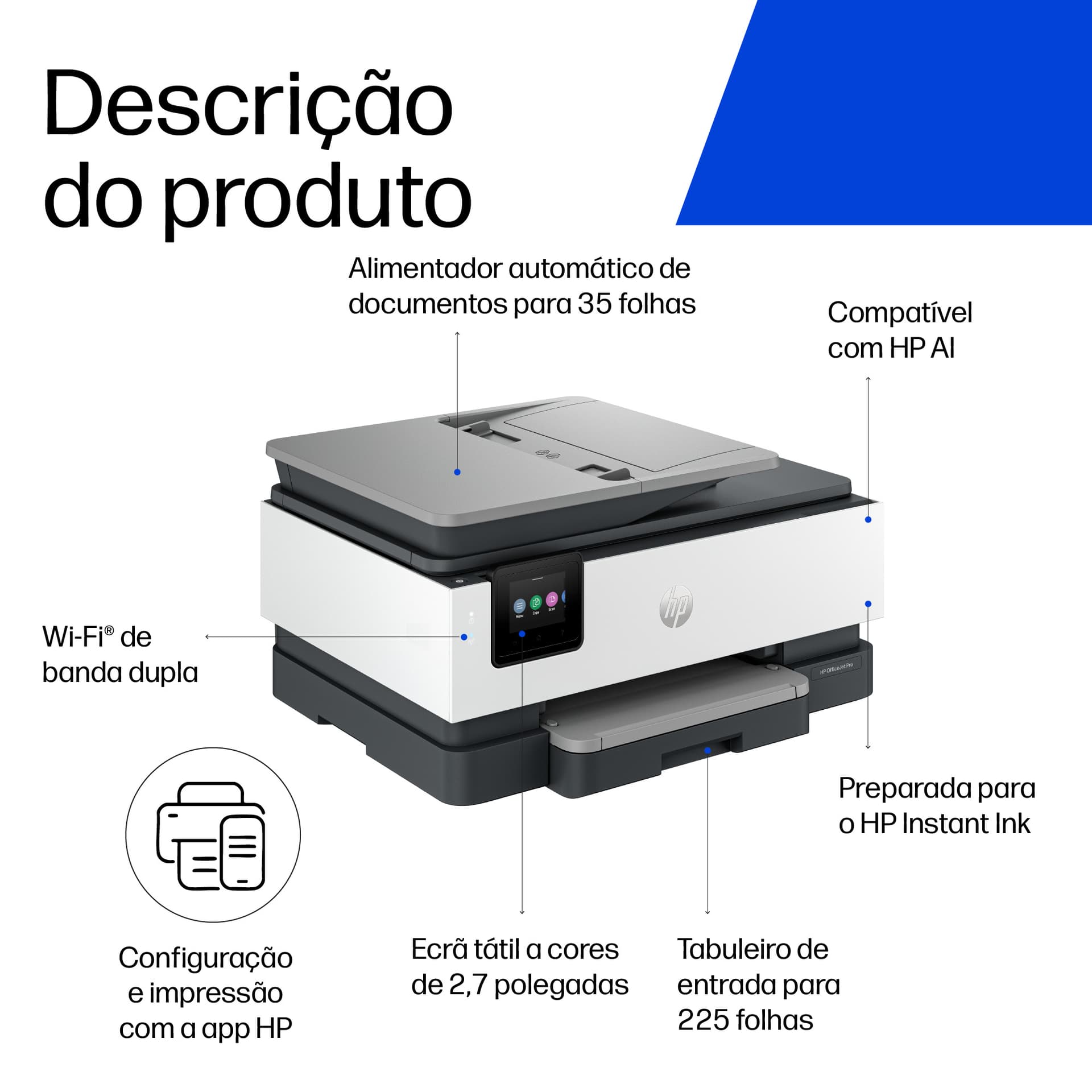HP OfficeJet Pro 8135e Sem fios All-in-One Cor Impressora, Instant Ink; Impressão frente e verso, miniatura 5