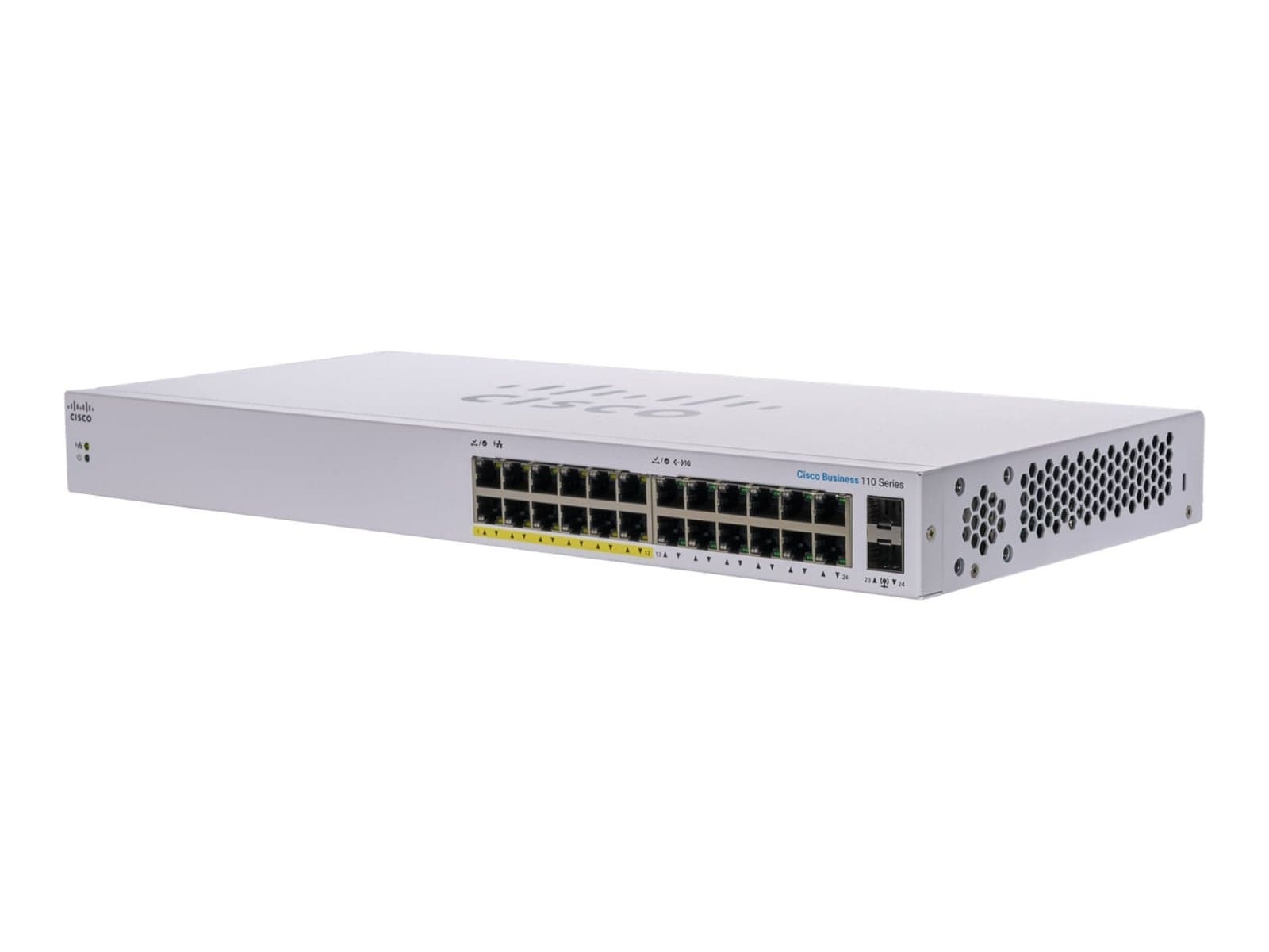 Cisco Business 110 Series 110-24PP - Interruptor - sem gestão - 12 x 10/100/1000 (PoE) + 12 x 10/100/1000 + 2 x combo Gigabit SFP - montável em trilho, desktop, montável na parede - PoE (100 W) — miniatura 1