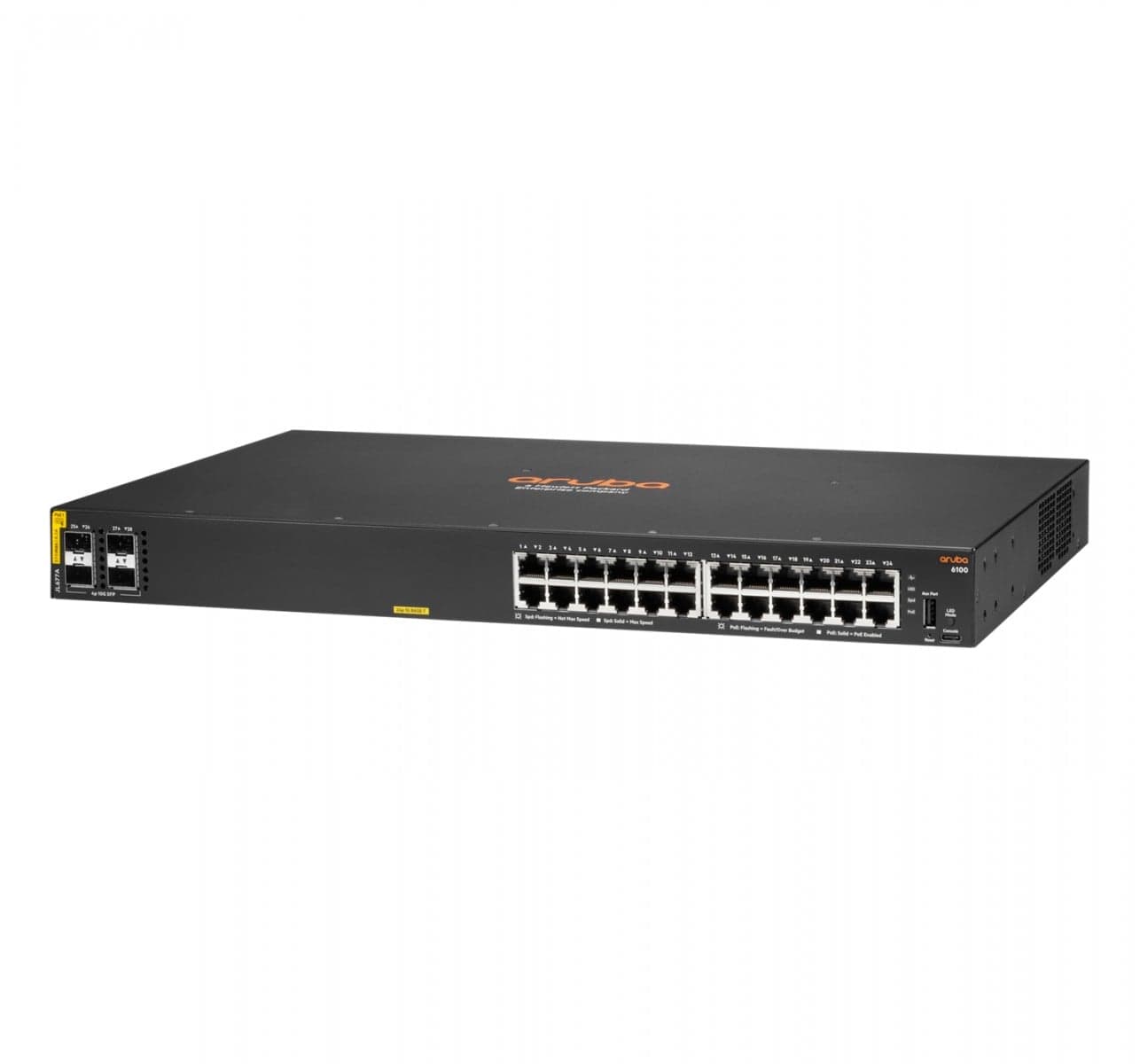 HPE Aruba 6100 24G Class4 PoE 4SFP+ - Interruptor - Administrado - 24 x 10/100/1000 + 4 x 1 Gigabit / 10 Gigabit SFP+ - fluxo de ar lado para lado - montável em trilho - PoE+ (370 W) — miniatura 2