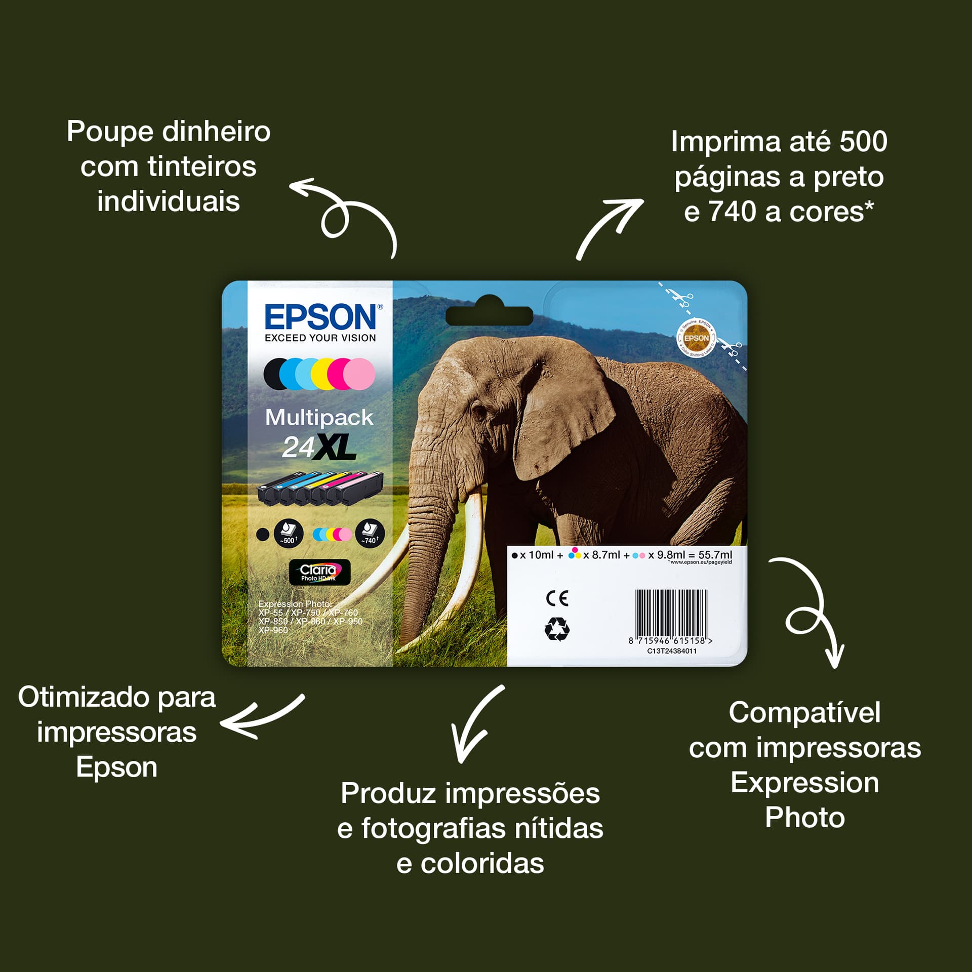 Epson Elephant 24XL Tinta multipack de 6 cores Claria Photo HD Elefante, miniatura 2