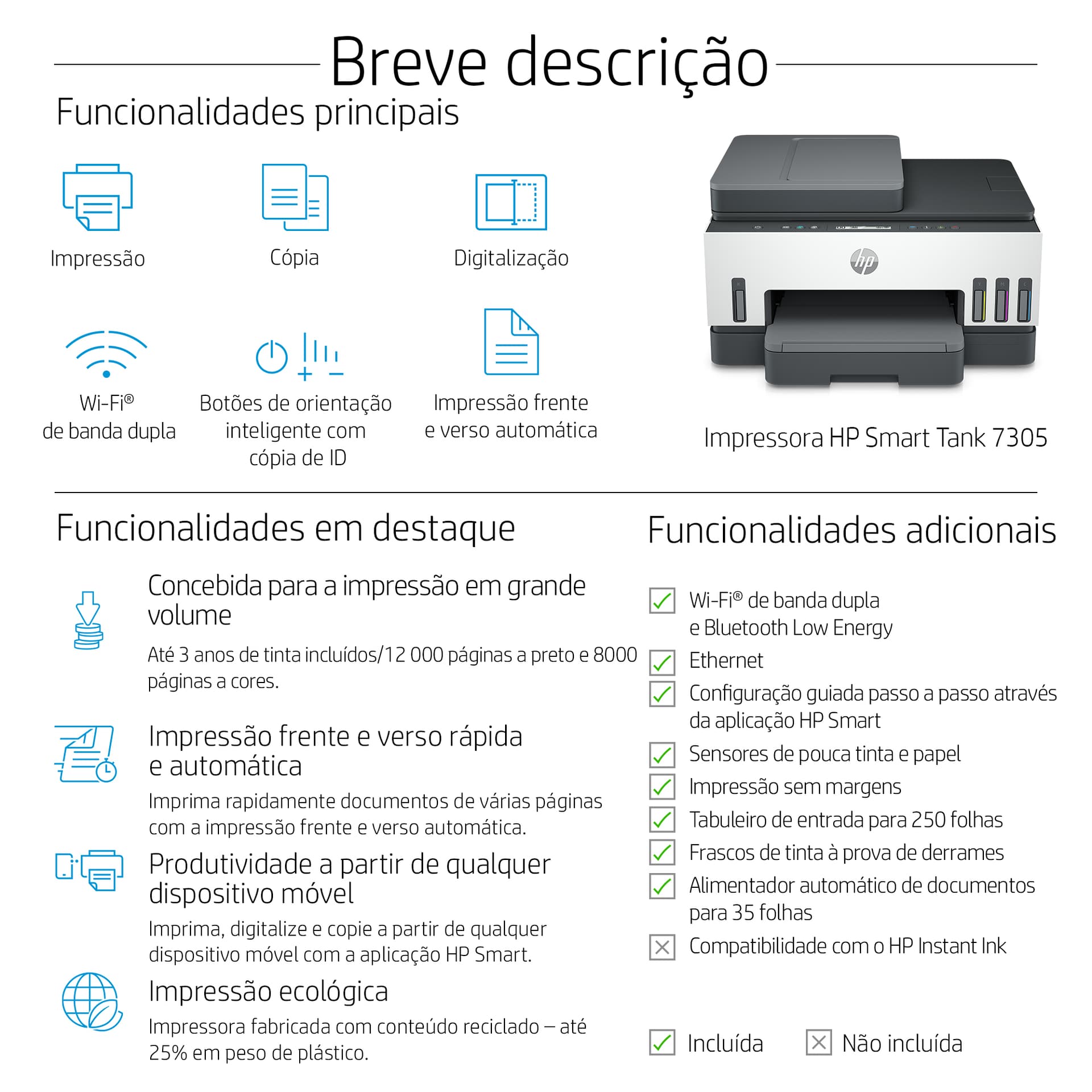 HP Smart Tank 7305 Sem fios All-in-One Cor Impressora, Impressão frente e verso; Copiadora, scanner — miniatura 4