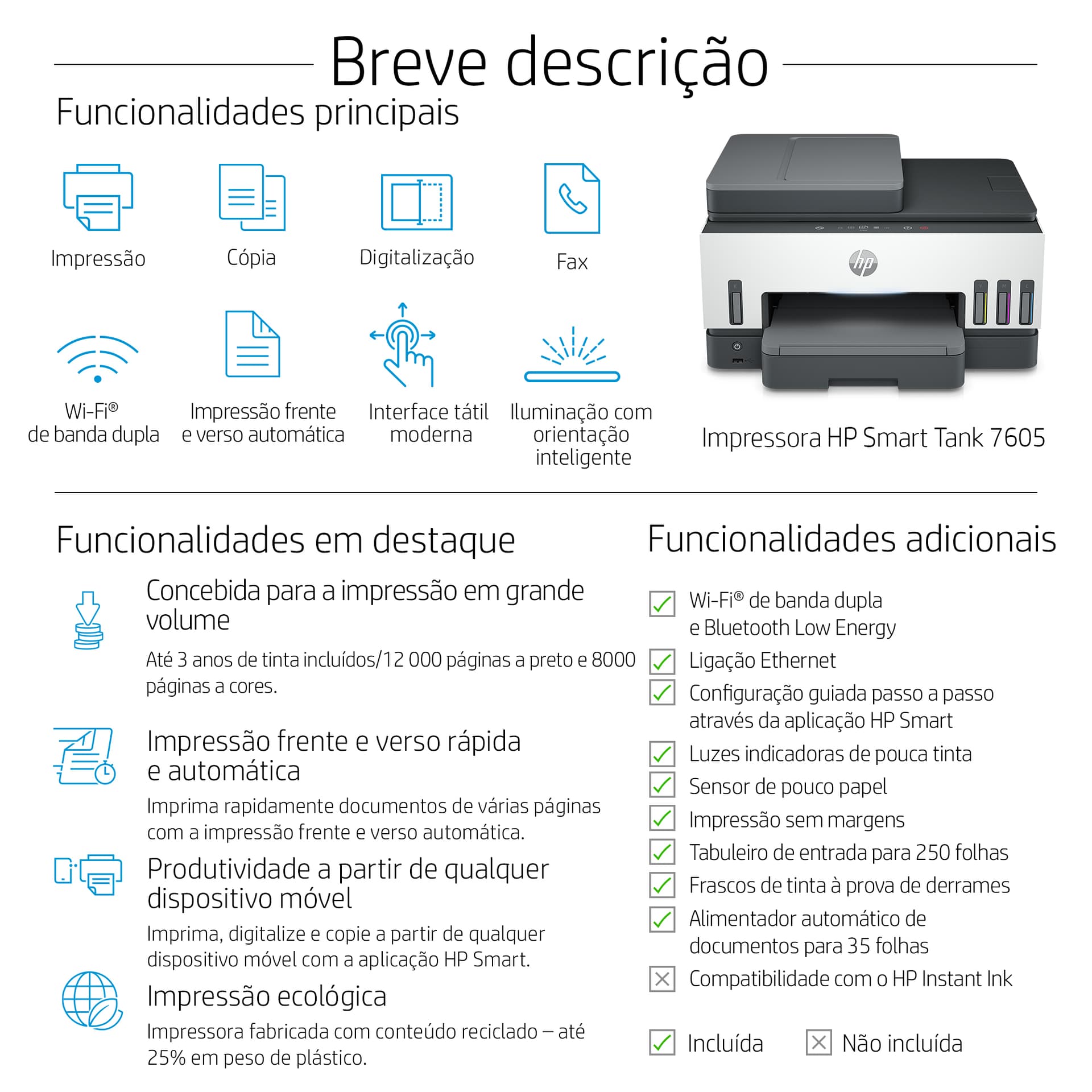 HP Smart Tank 7605 Sem fios All-in-One Cor Impressora, Impressão frente e verso; Copiadora, scanner — miniatura 4