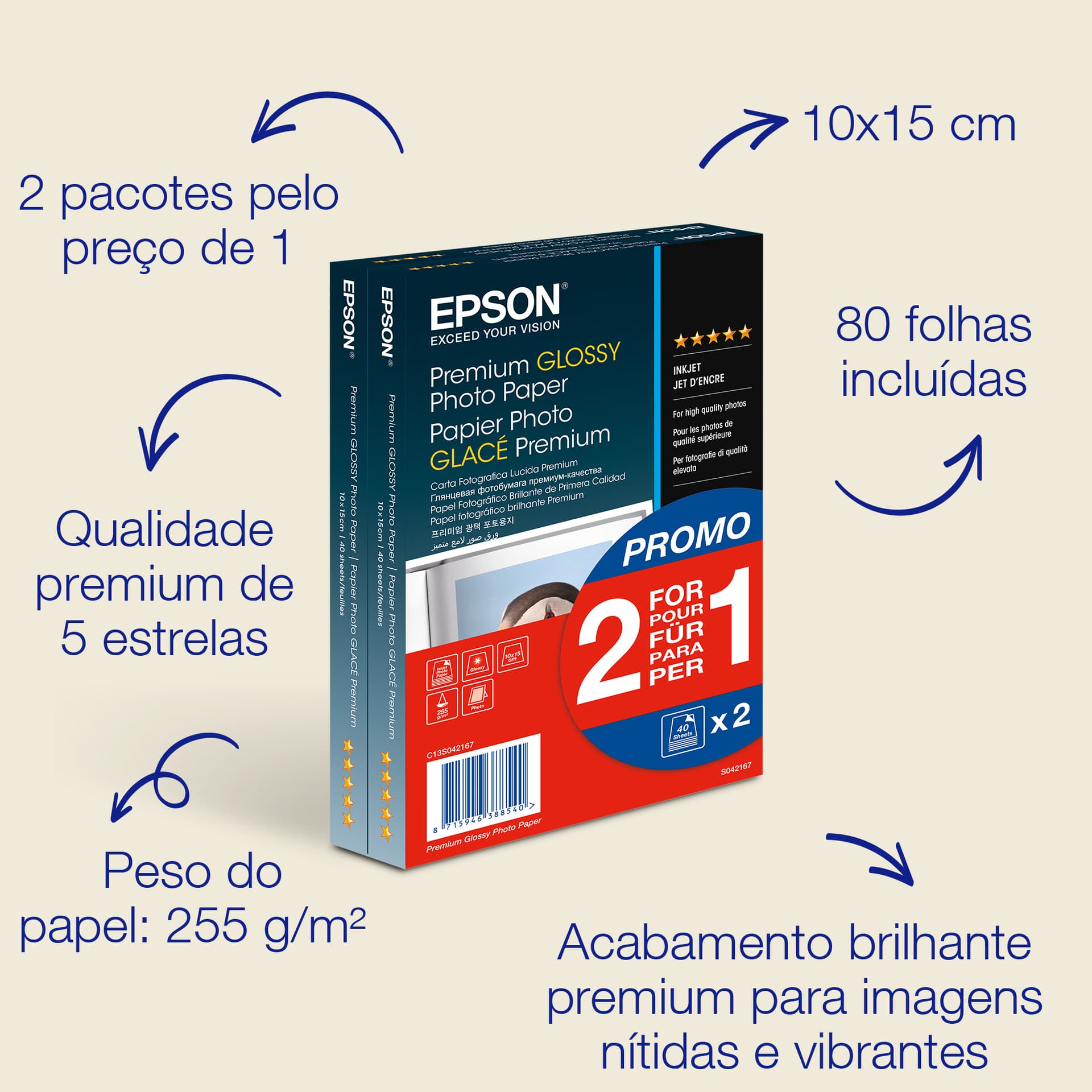 Epson Premium Glossy Photo Paper (100 x 150 mm), 255 g/m², 80 folhas — miniatura 2