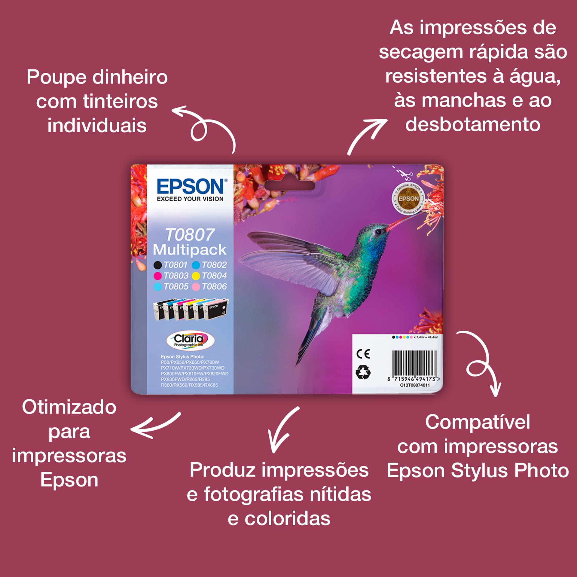 Epson Hummingbird Multipack de 6 cores T0807 Tinta Claria Photographic (c/alarme RF+AM) — miniatura 4