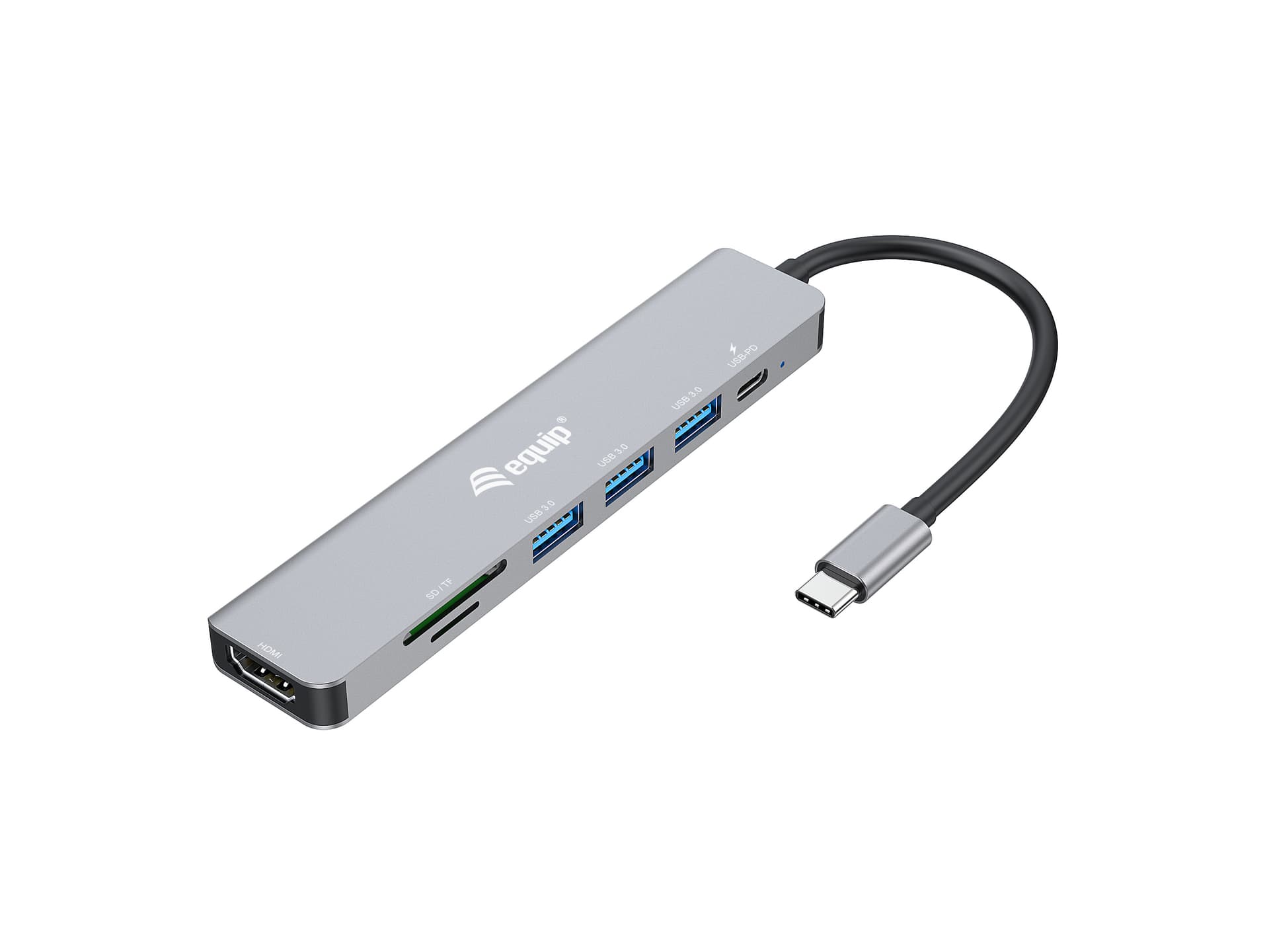 Equip 133494 Adaptador multifuncional USB-C 7 em 1, HDMI 4K/60Hz, USB 3.2 Gen1 x 3 , TF/MICRO SD, 100W USB PD — miniatura 1