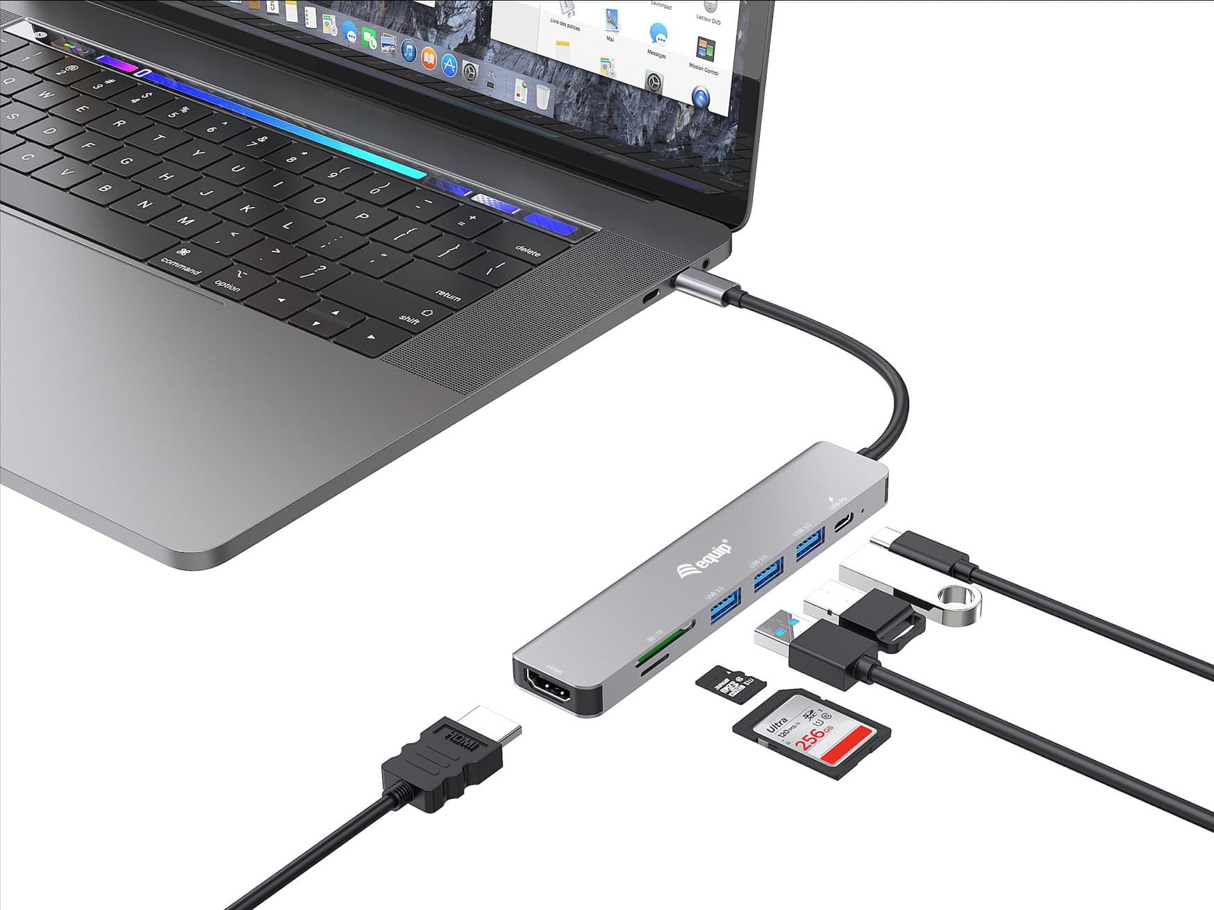 Equip 133494 Adaptador multifuncional USB-C 7 em 1, HDMI 4K/60Hz, USB 3.2 Gen1 x 3 , TF/MICRO SD, 100W USB PD — miniatura 2