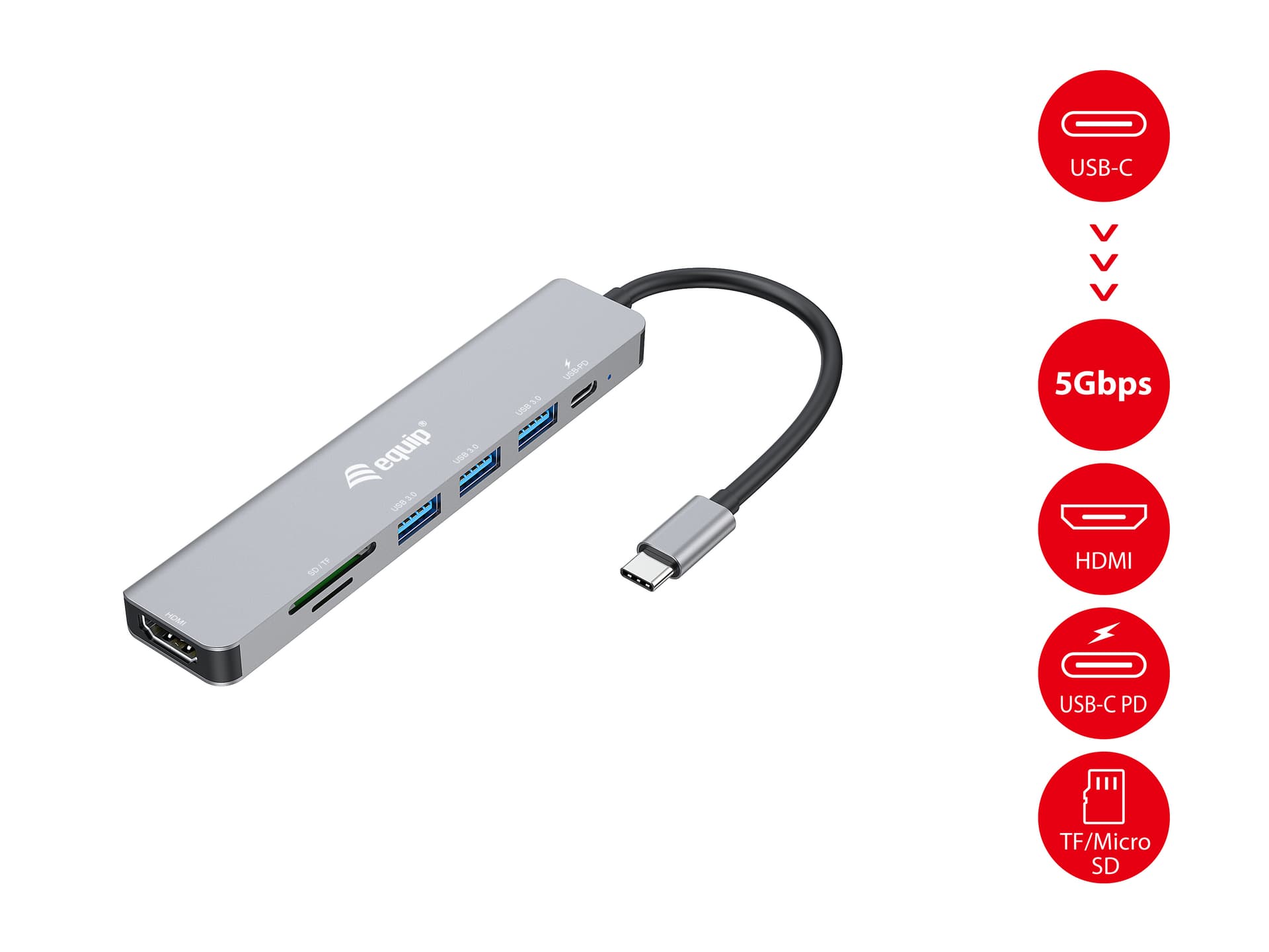 Equip 133494 Adaptador multifuncional USB-C 7 em 1, HDMI 4K/60Hz, USB 3.2 Gen1 x 3 , TF/MICRO SD, 100W USB PD — miniatura 5