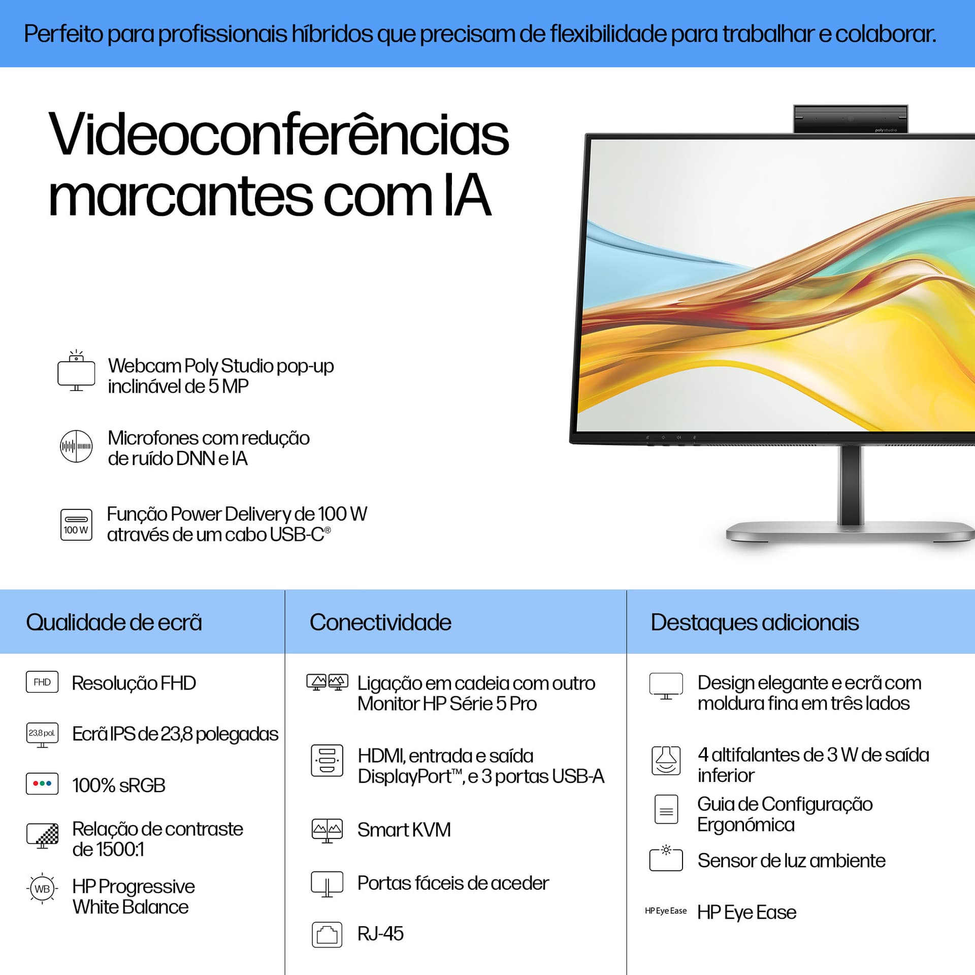 HP Series 5 Pro Monitor FHD USB-C para videoconferência Série 5 Pro de 23,8 polegadas - 524pm — miniatura 3