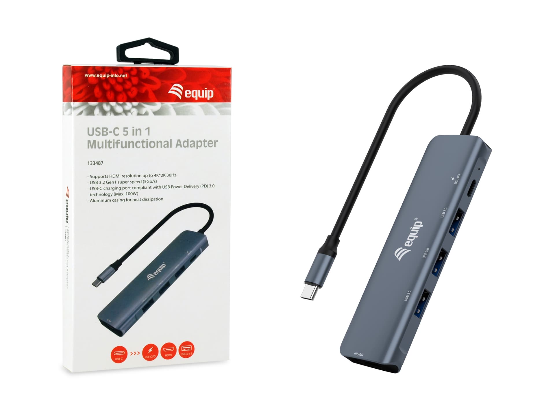 Equip Adaptador multifuncional USB-C 5 em 1, HDMI, USB 3.2 GEN1, 100W USB PD — miniatura 3