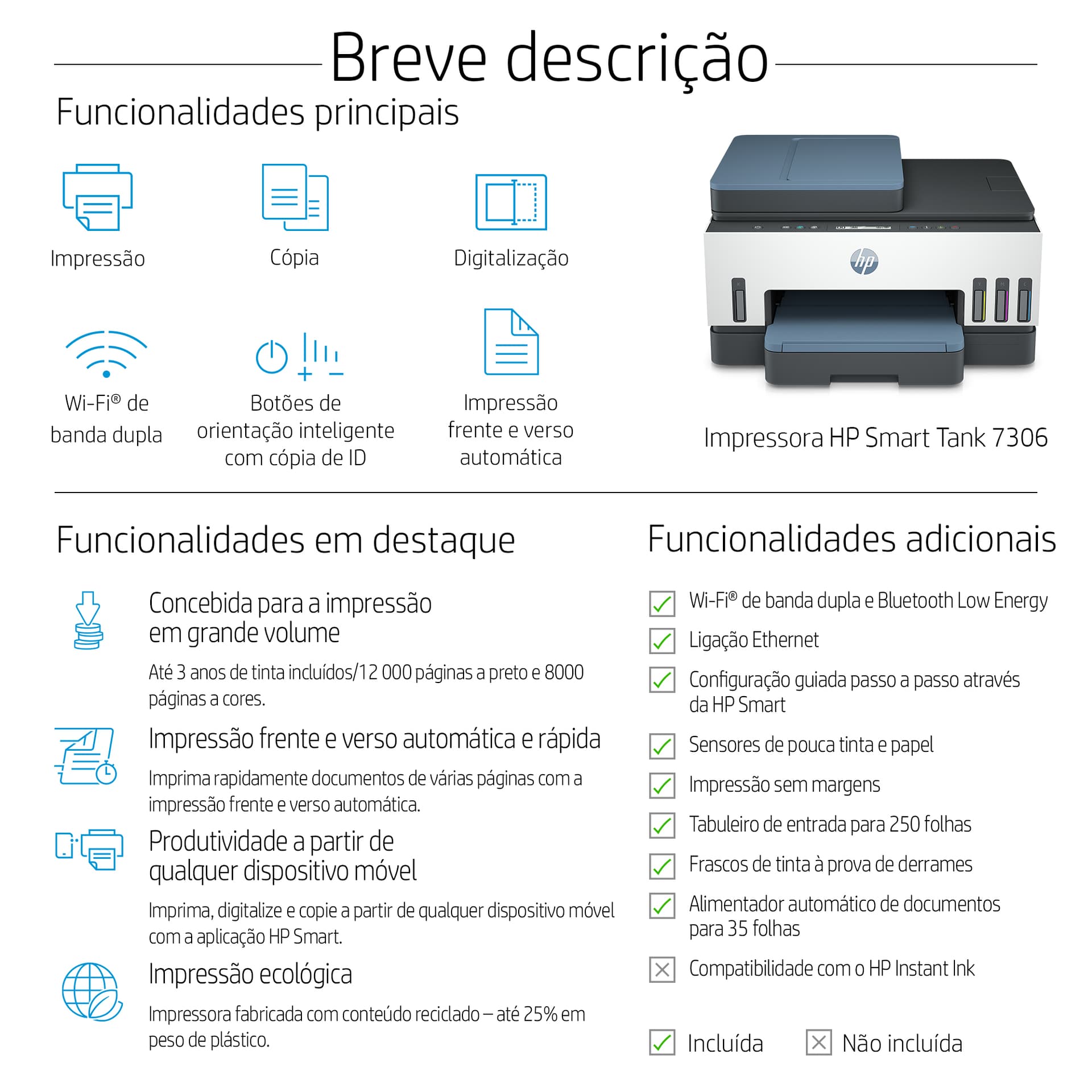 HP Smart Tank 7306 Sem fios All-in-One Cor Impressora, Impressão frente e verso; Copiadora, scanner — miniatura 4