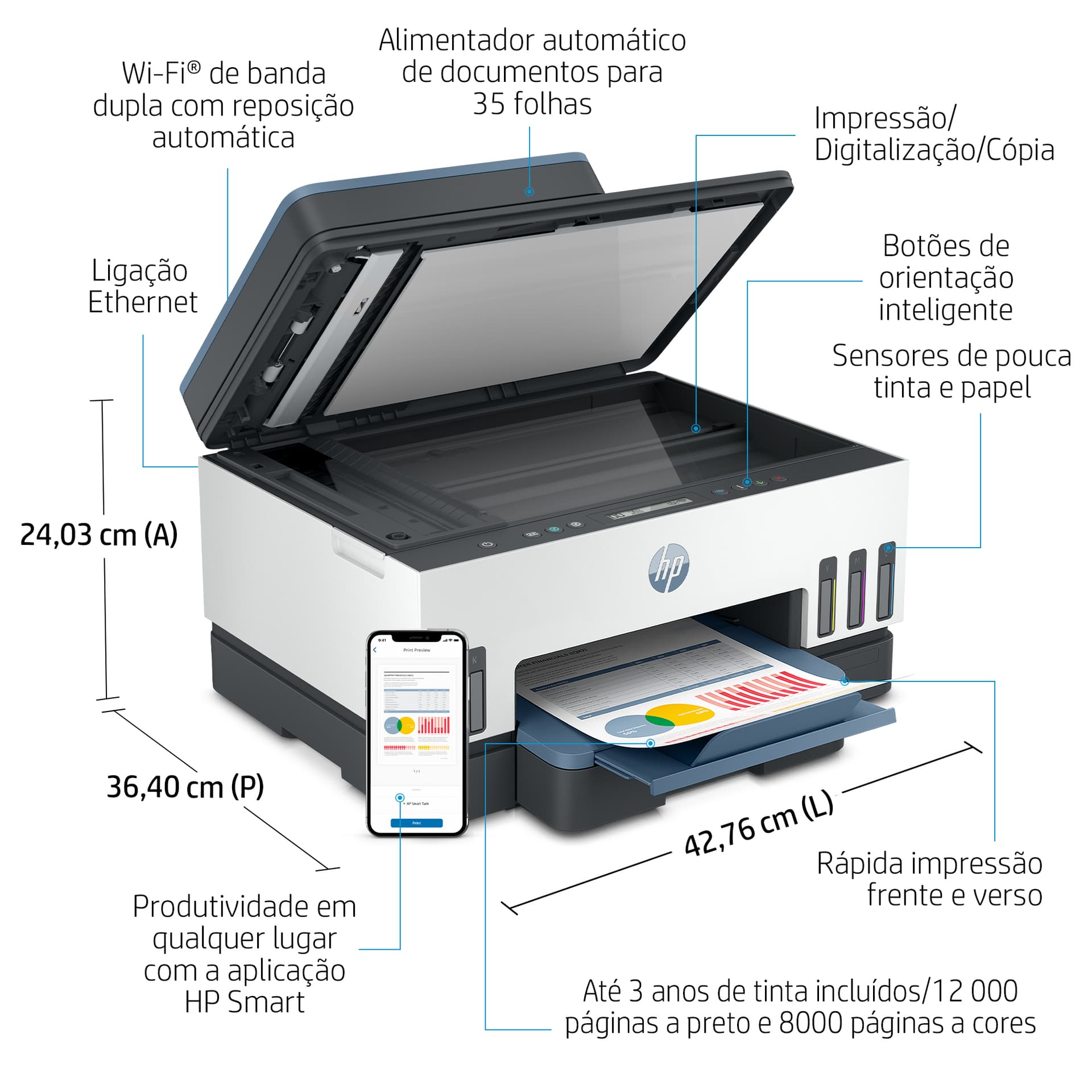 HP Smart Tank 7306 Sem fios All-in-One Cor Impressora, Impressão frente e verso; Copiadora, scanner — miniatura 5