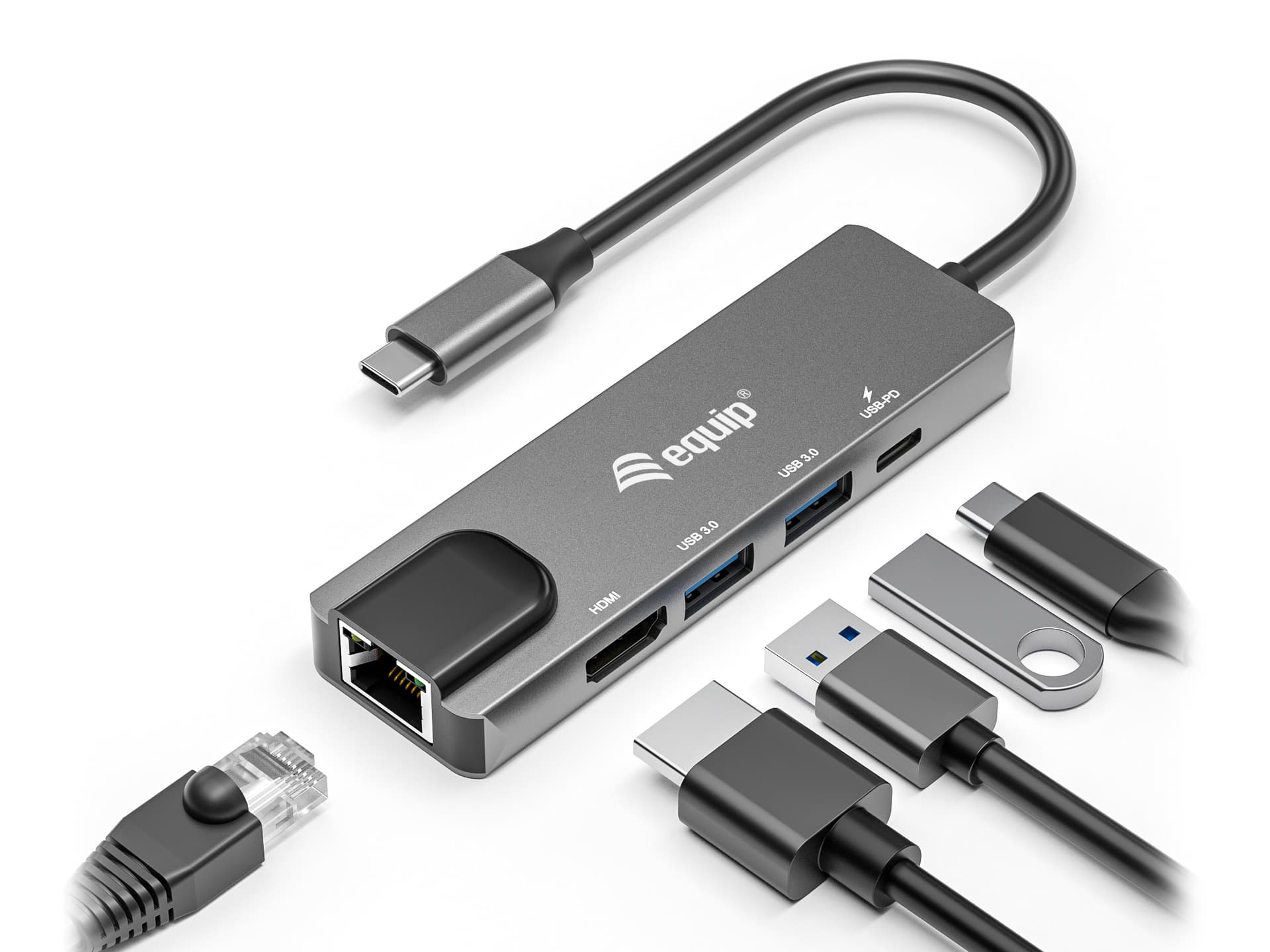 Equip Adaptador multifunções USB-C 5 em 1, HDMI , Gigabit LAN, USB 3.2 GEN1, 100W USB PD — miniatura 3