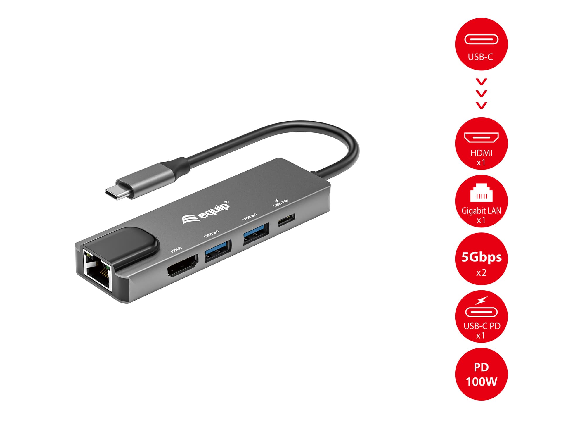 Equip Adaptador multifunções USB-C 5 em 1, HDMI , Gigabit LAN, USB 3.2 GEN1, 100W USB PD — miniatura 8
