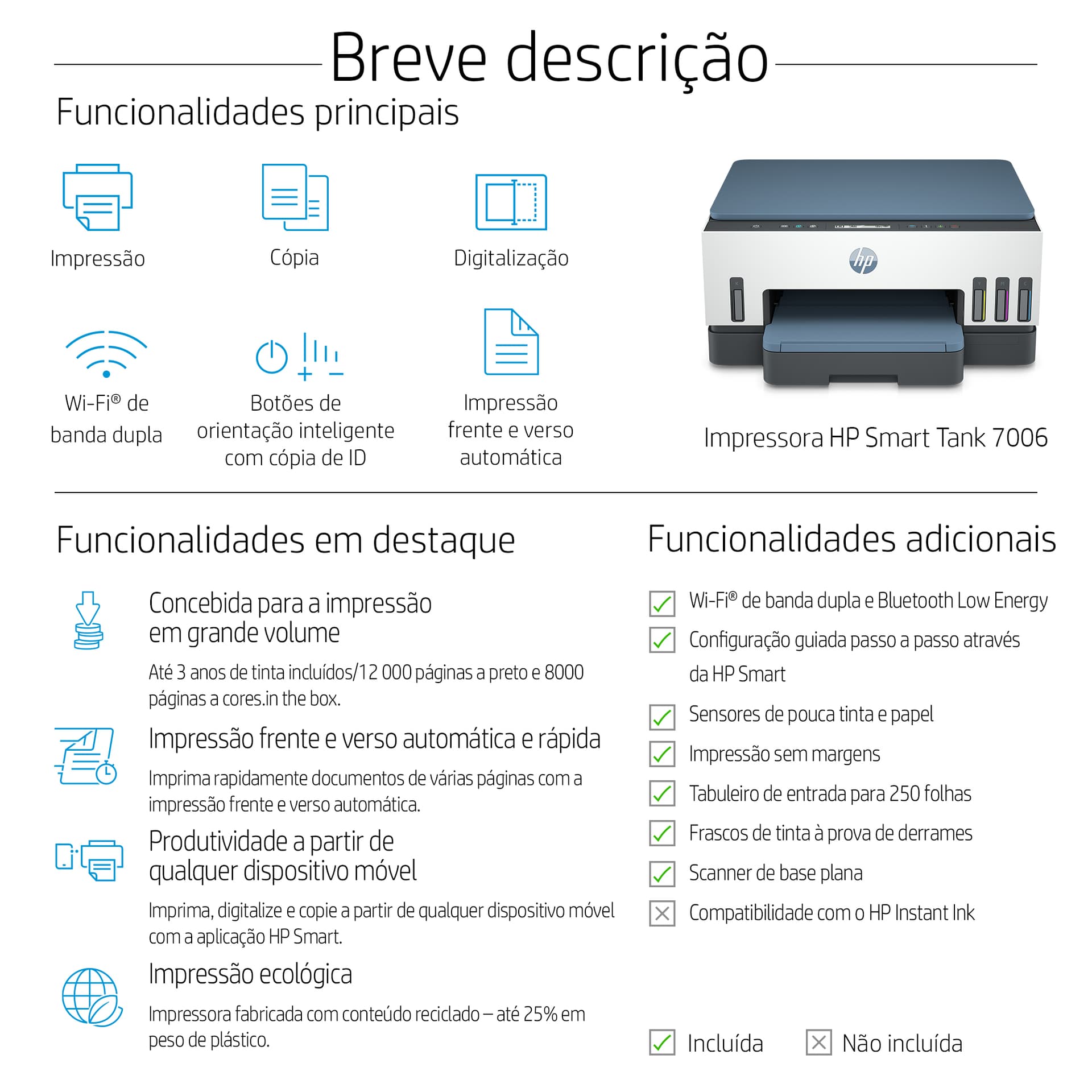HP Smart Tank 7006 Sem fios All-in-One Cor Impressora, Impressão frente e verso; Copiadora, scanner, miniatura 4