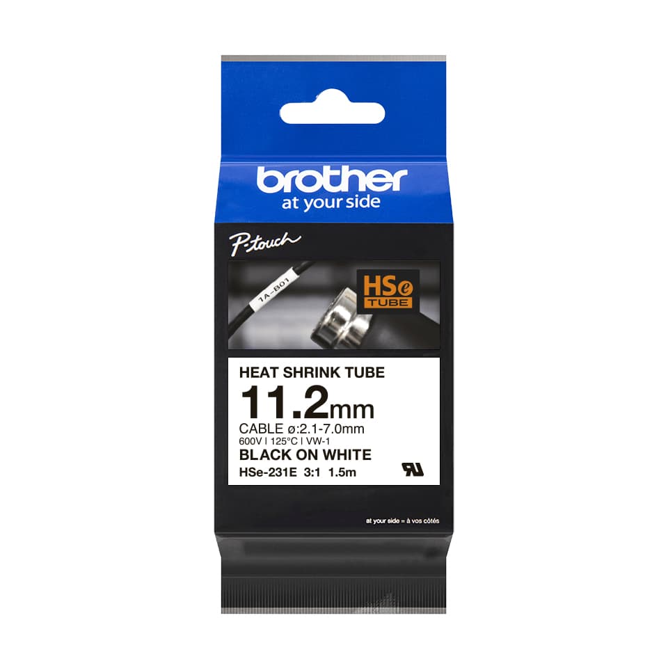 Brother HSe-231E - Preto em branco - Rolo (1,12 cm x 1,5 m) 1 cassete(s) caixa pendurada - fita para tubo termoretrátil - para P-Touch PT-D800W, PT-E550WVP