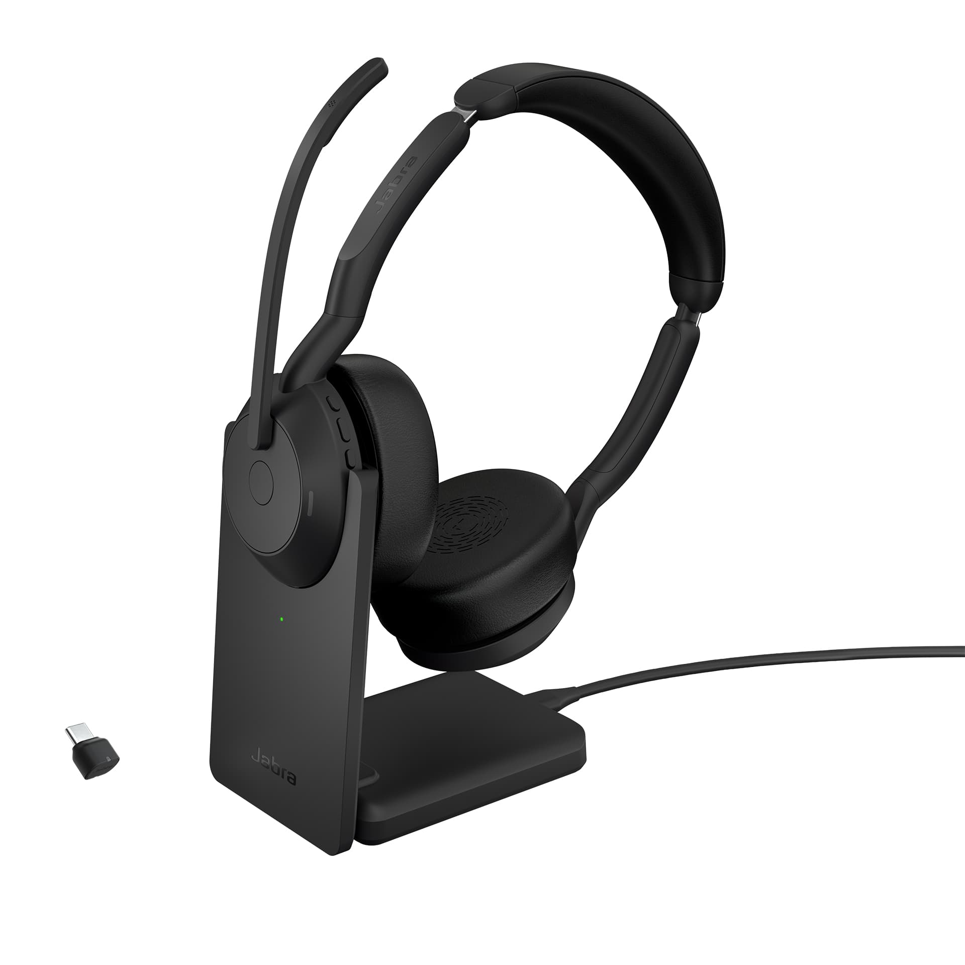 Jabra Evolve2 55 UC Stereo - Auscultadores - no ouvido - bluetooth - sem fios - cancelamento de ruído activo - USB-C - preto - com suporte de carregamento - Certificação Zoom, Cisco Webex Certified, Otimizado para Microsoft Teams, Certificação Alcate
