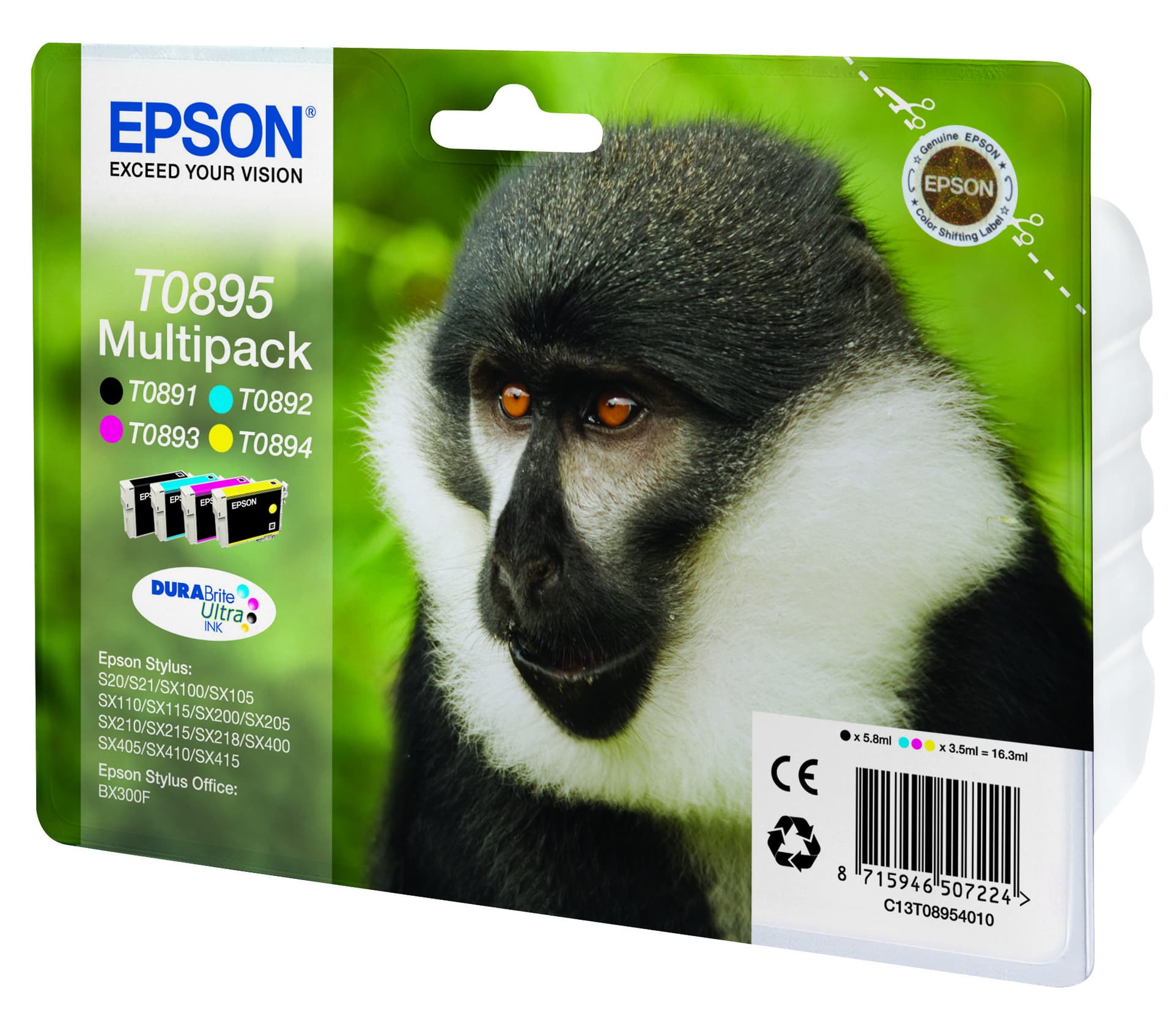Epson T0895 Multipack - Pack de 4 - preto, amarelo, azul cyan, magenta - original - blister - tinteiro - para Stylus S21, SX110, SX115, SX210, SX215, SX218, SX400, SX410, SX415, Stylus Office BX300