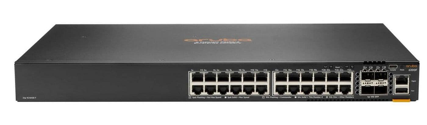 HPE Aruba 6200F 24G Class4 PoE 4SFP+ 370W Switch - Interruptor - Distância Máxima de Empilhamento de 10 km - L3 - Administrado - 24 x 10/100/1000 (PoE+) + 4 x 1 Gigabit / 10 Gigabit SFP+ (ligação ascendente) - montável em trilho - PoE+ (370 W) - BTO