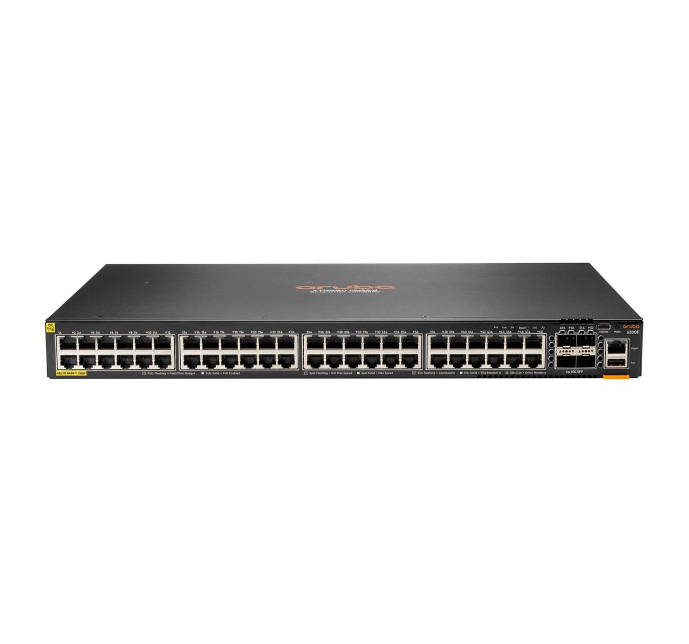 HPE Aruba Networking CX 6200F 48G Class4 PoE 4SFP+ 740W Switch - Interruptor - Distância Máxima de Empilhamento de 10 km - L3 - Administrado - 48 x 10/100/1000 (PoE+) + 4 x 1 Gigabit / 10 Gigabit SFP+ (ligação ascendente) - frente e lado para trás