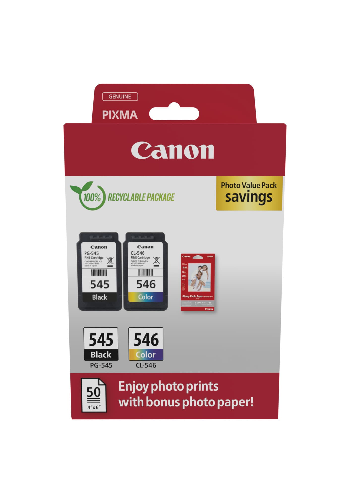 Canon PG-545 / CL-546 Value Pack - Pack de 2 - 8 ml - preto, cor (ciano, magenta, amarelo) - original - caixa pendurada - kit de tinteiro / papel - para PIXMA iP2850, MG2450, MG2550, TR4550, TR4551