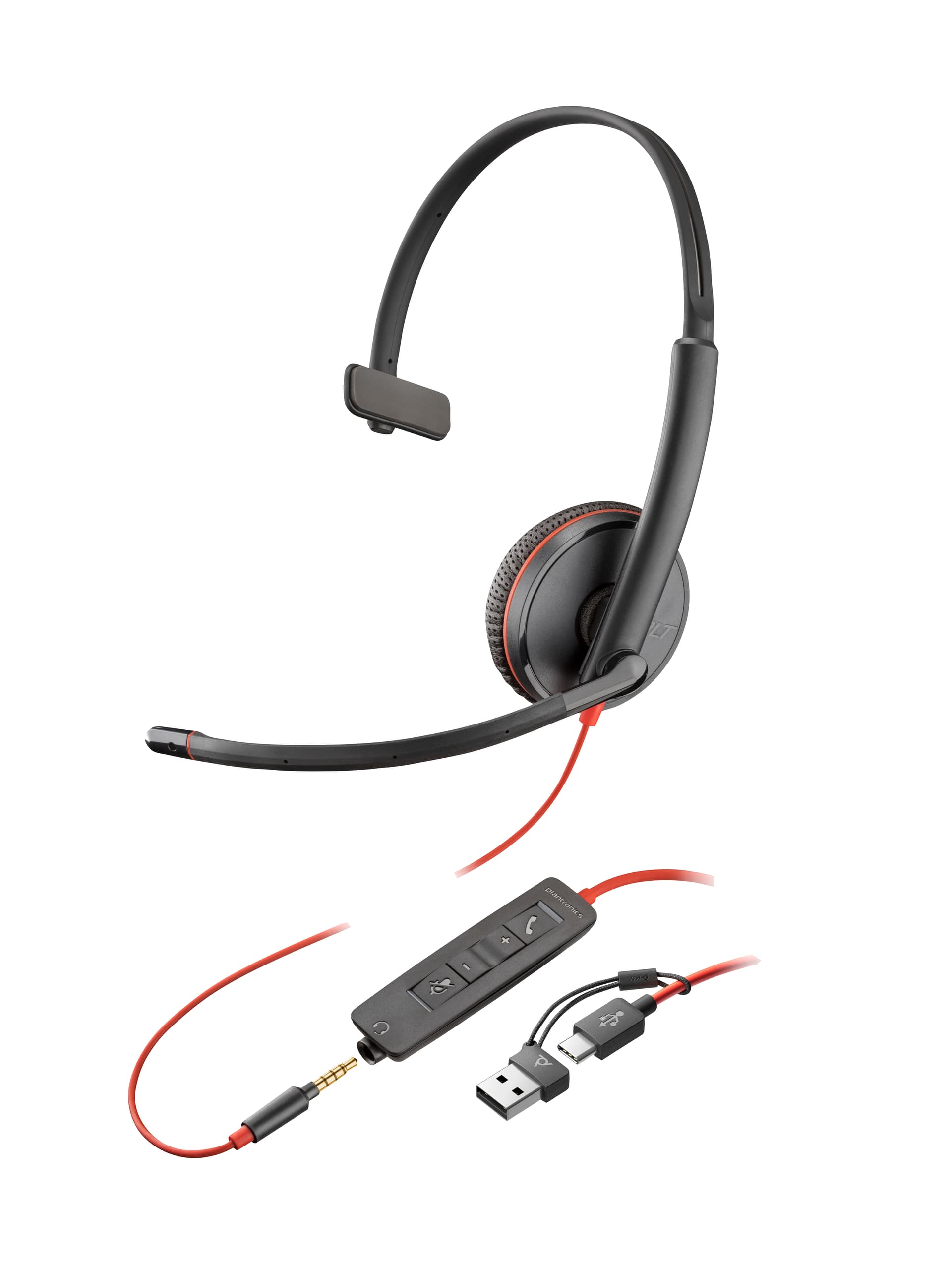 Poly Blackwire 3215 - Blackwire 3200 Series - auscultadores - no ouvido - com cabo - macaco de 3,5 mm, USB-C - preto - Certificado para Skype for Business, Certificação Avaya, Certificação Cisco Jabber, certificação UC - Replaces Poly SKU 209750-101