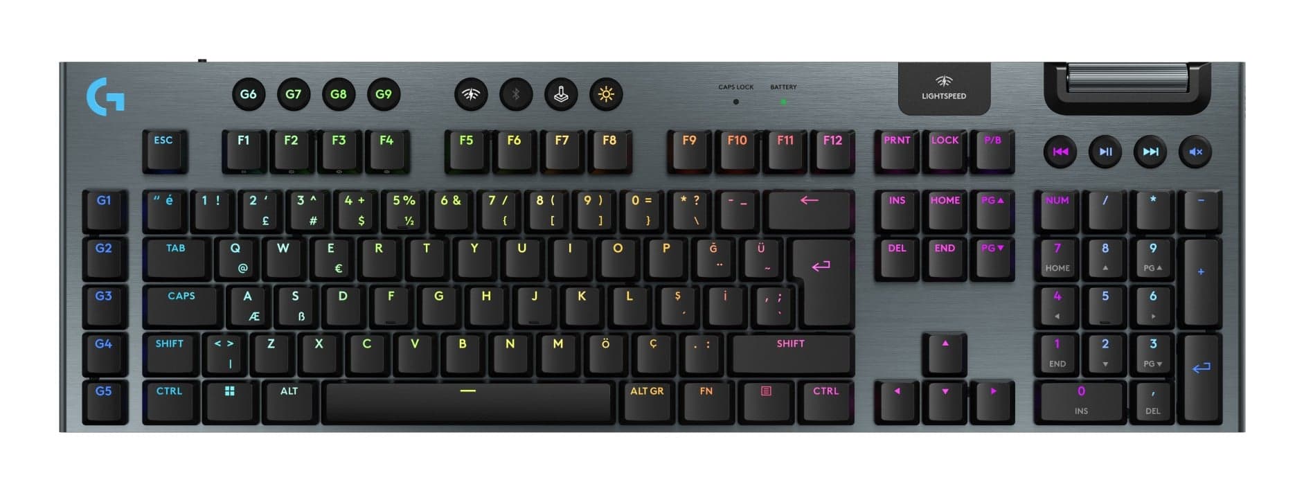 Logitech G G915 X - Teclado - LIGHTSPEED - luz traseira - sem fios - Bluetooth 5.0, 2.4 GHz, USB - QWERTY - Padrão internacional americano - interruptor: GL Tactile - preto