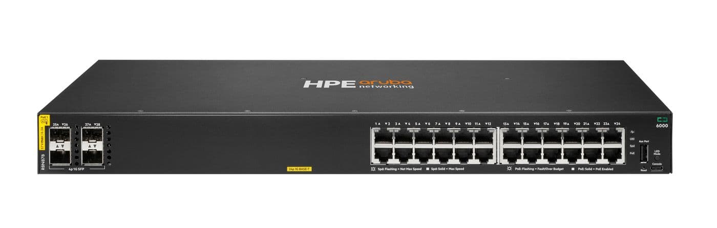 HPE Aruba Networking CX 6000 24p 10M/100M/1G Class4 PoE 4p SFP 1G 370W Switch - Interruptor - Administrado - 24 x 10/100/1000 (PoE+) + 4 x Gigabit SFP (ligação ascendente) - fluxo de ar lado para lado - montável em trilho, montável na parede - PoE+ (