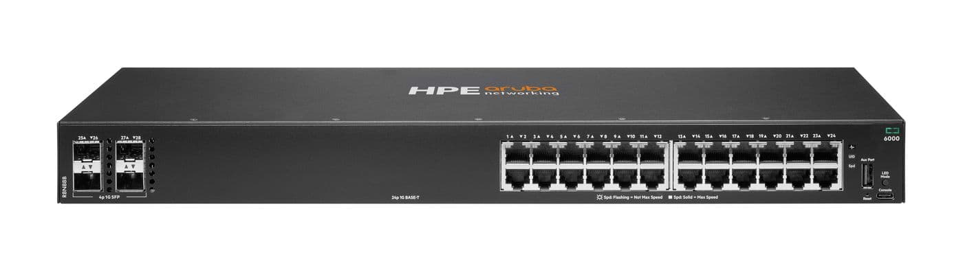 HPE Aruba Networking CX 6000 24p 10M/100M/1G 4p SFP 1G Switch - Interruptor - Administrado - 24 x 10/100/1000 + 4 x Gigabit SFP (ligação ascendente) - fluxo de ar lado para lado - montável em trilho, montável na parede - BTO