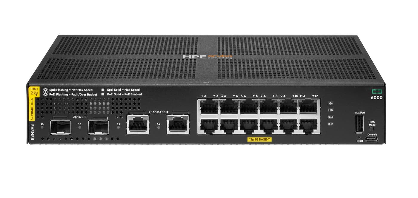 HPE Aruba Networking CX 6000 12p 10M/100M/1G Class4 PoE 2p SFP 1G 139W Switch - Interruptor - Administrado - 12 x 10/100/1000 (PoE+) + 2 x Gigabit SFP (ligação ascendente) + 2 x Gigabit RJ-45 - montável em trilho, montável na parede - PoE+ (139 W)