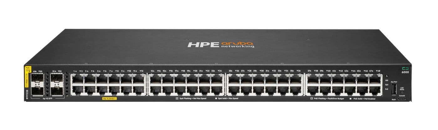 HPE Aruba Networking CX 6000 48p 10M/100M/1G Class4 PoE 4p SFP 1G 740W Switch - Interruptor - Administrado - 48 x 10/100/1000 (PoE+) + 4 x Gigabit SFP (ligação ascendente) - fluxo de ar lado para lado - montável em trilho, montável na parede - PoE+ (