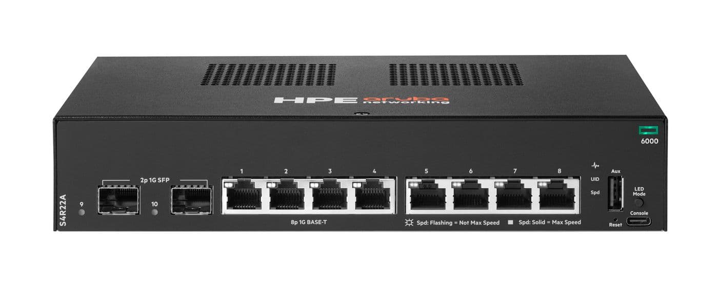HPE Aruba Networking CX 6000 8p 10M/100M/1G 2p SFP 1G Switch - Interruptor - Administrado - 8 x 10/100/1000 + 2 x Gigabit SFP (ligação ascendente) - fluxo de ar lado para lado - montável em trilho, montável na parede - AC - BTO