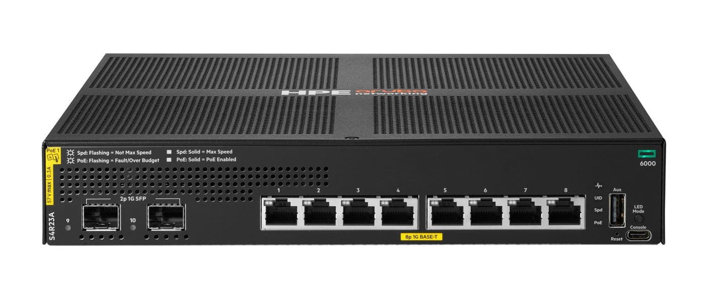 HPE Aruba Networking CX 6000 8p 10M/100M/1G Class4 PoE 2p SFP 1G 67W Switch - Interruptor - Administrado - 8 x 10/100/1000 (PoE+) + 2 x Gigabit SFP (ligação ascendente) - montável em trilho, montável na parede - PoE+ (67 W) - BTO