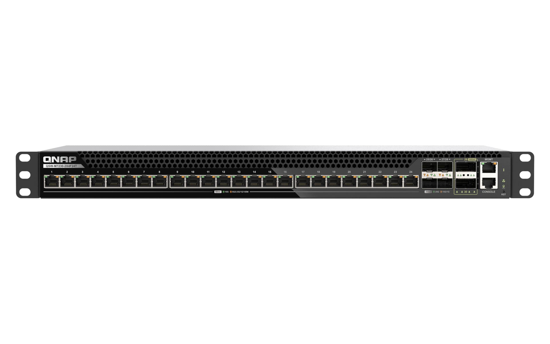 QNAP QSW-M7230-2X4F24T - Interruptor - 2 x 100 Gigabit QSFP28 + 4 x 25 Gigabit SFP28 - montável em trilho - para QNAP CAB-DAC50M-SFPP, TRX-10GITSFPP-SR, TRX-25GSFP28-SR